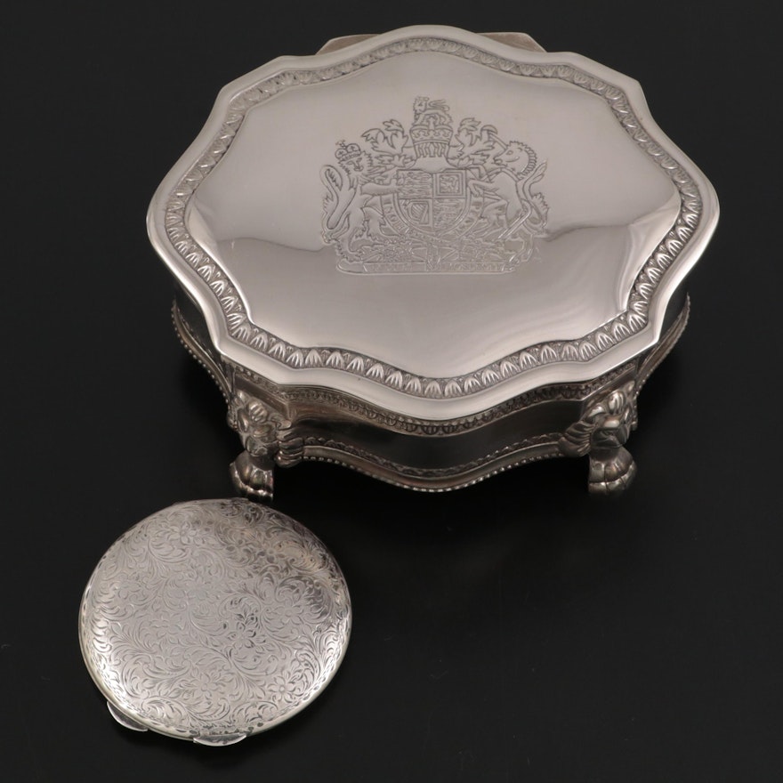 Chased 800 Silver Compact with Silver Plate British Royal Coat of Arms Box