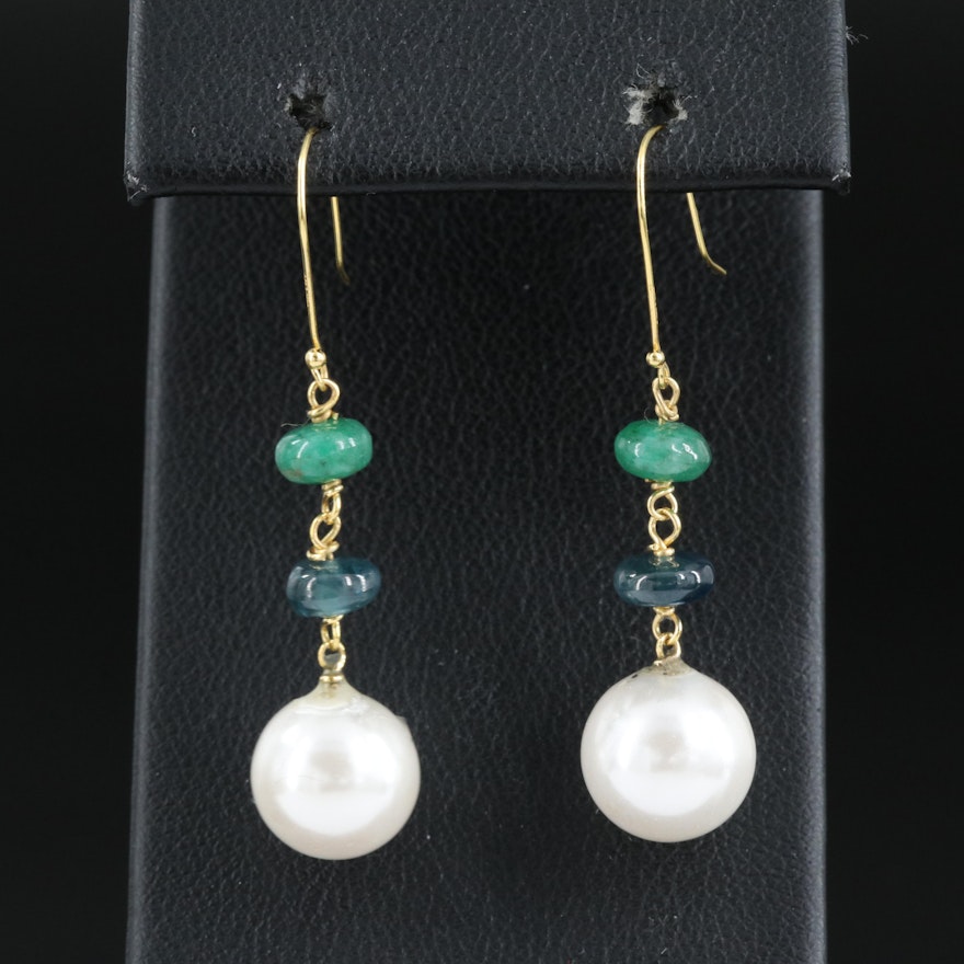 14K Emerald, Sapphire and Faux Pearl Earrings