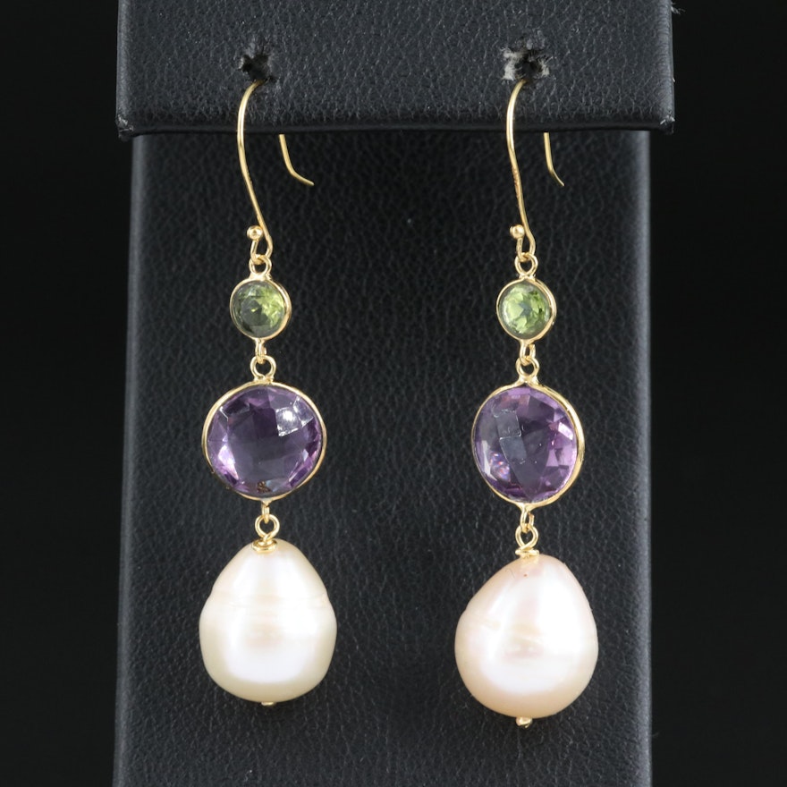 14K Pearl, Amethyst and Peridot Earrings