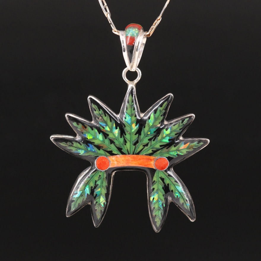 Sterling Gemstone Inlay Headdress Pendant Necklace