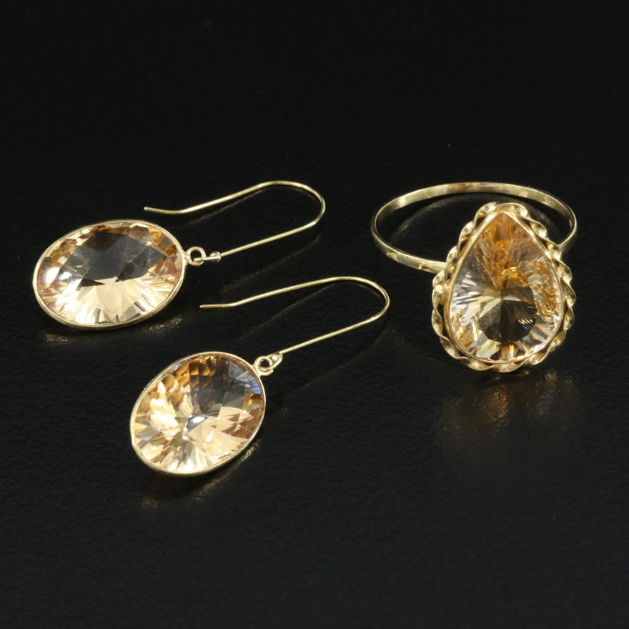 14K Citrine Drop Earrings and Rope Accented Ring