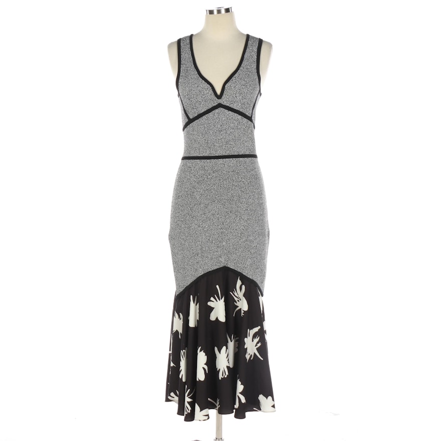 Pabal Gurung Knit Bodycon Sleeveless Dress with Floral Contrast Fluted Skirt