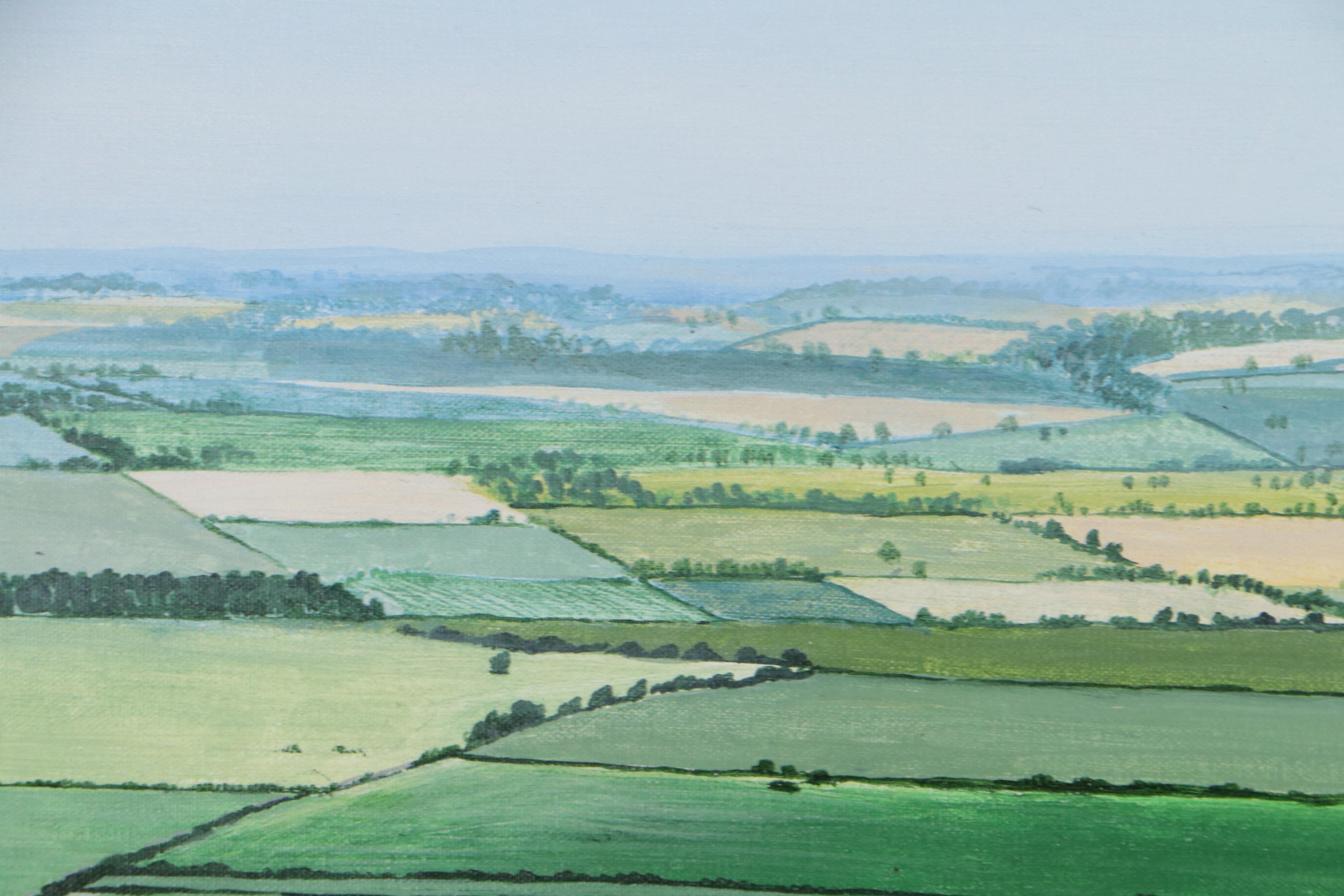 Janet Hinton McLeod Pastoral Landscape Acrylic Painting of English Fields, 1988