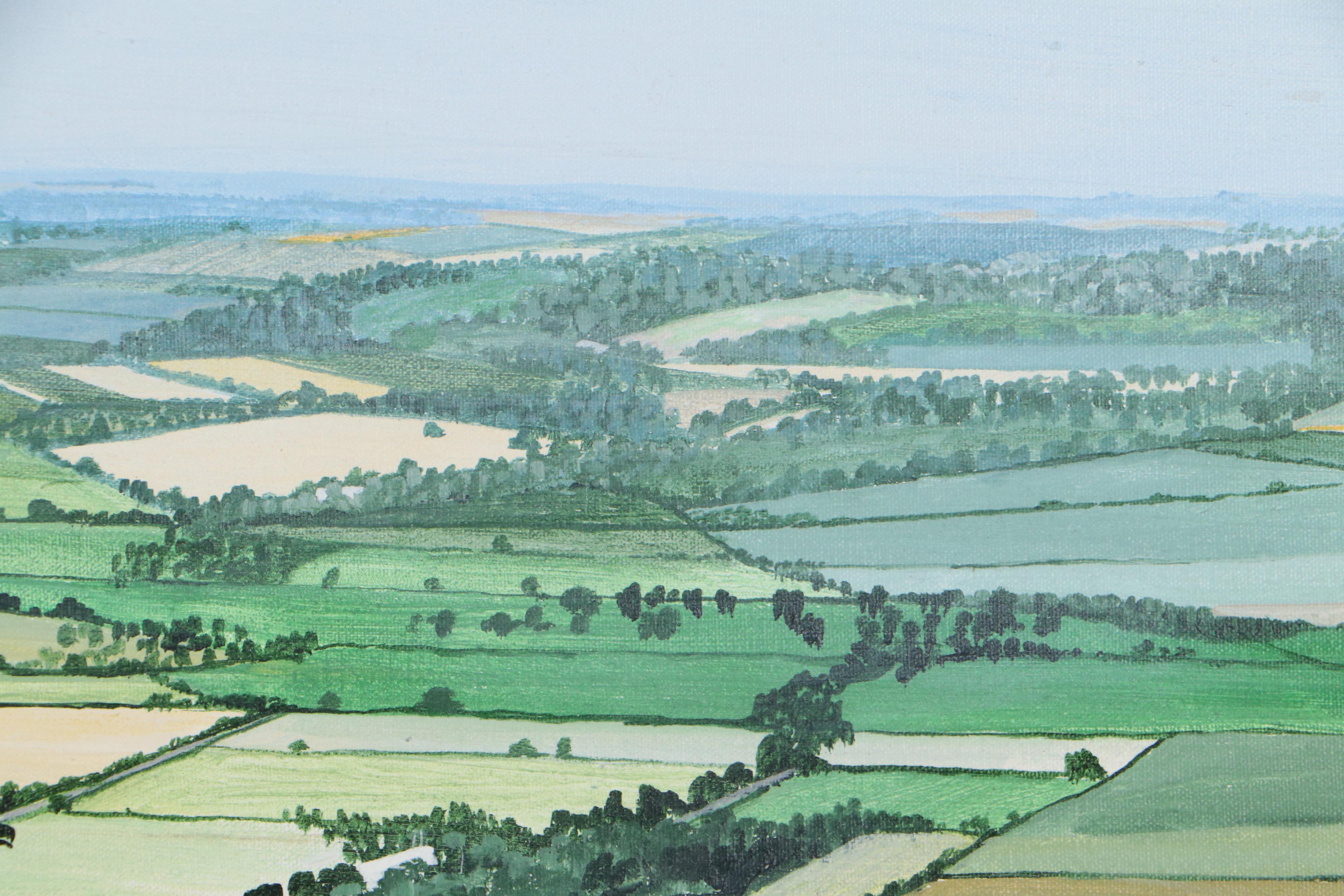 Janet Hinton McLeod Pastoral Landscape Acrylic Painting of English Fields, 1988