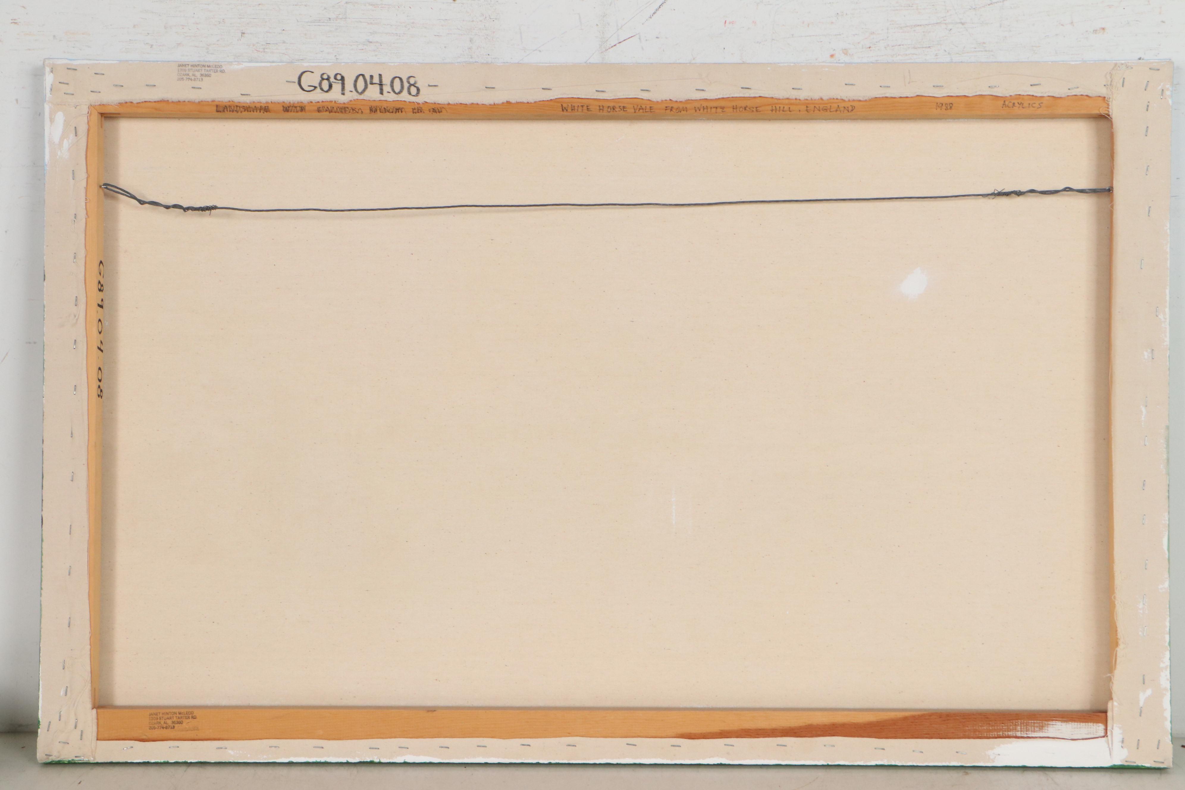 Janet Hinton McLeod Pastoral Landscape Acrylic Painting of English Fields, 1988