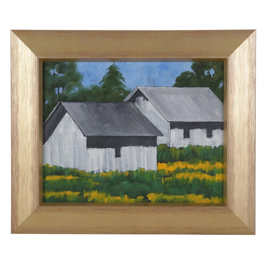 Lynne French Oil Painting of Barns in Field of Yellow Flowers, 21st Century