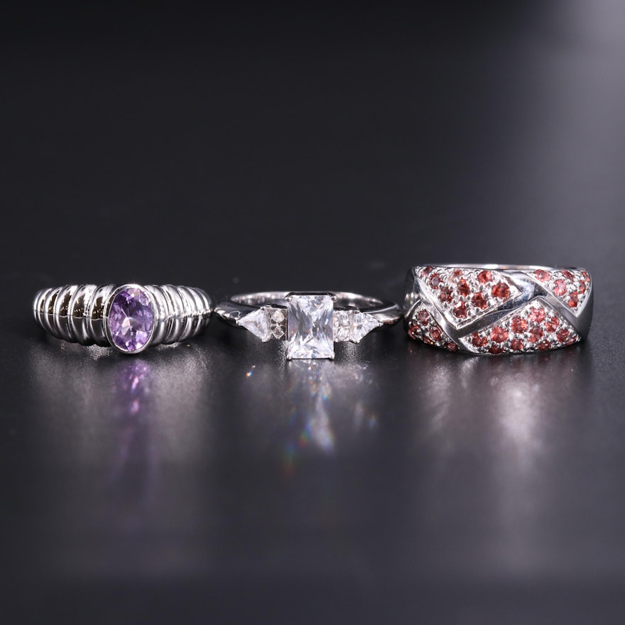 Sterling Silver Ring Trio Including Cubic Zirconia and Amethyst