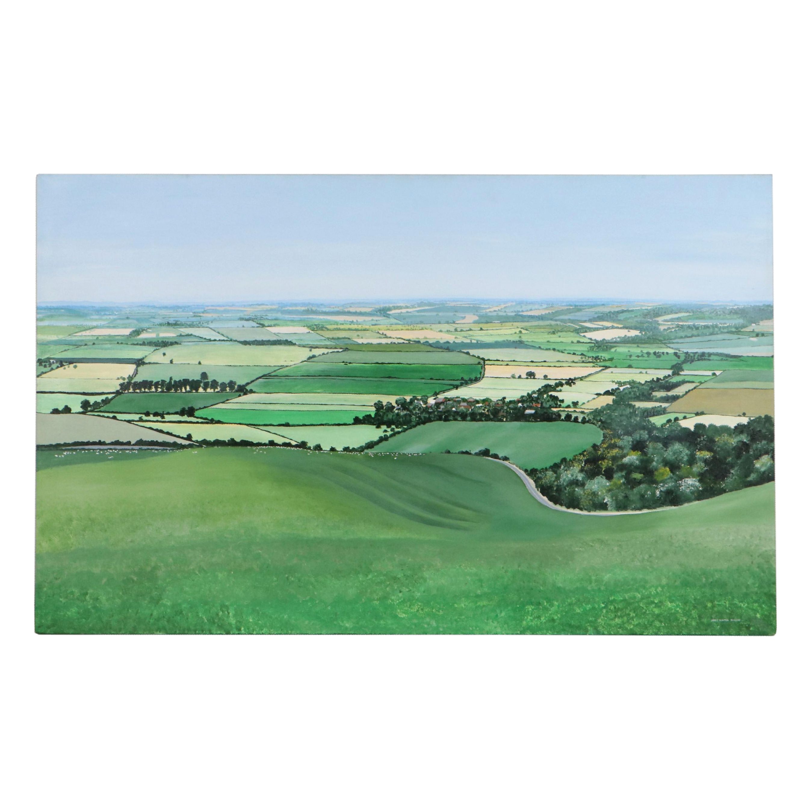 Janet Hinton McLeod Pastoral Landscape Acrylic Painting of English Fields, 1988