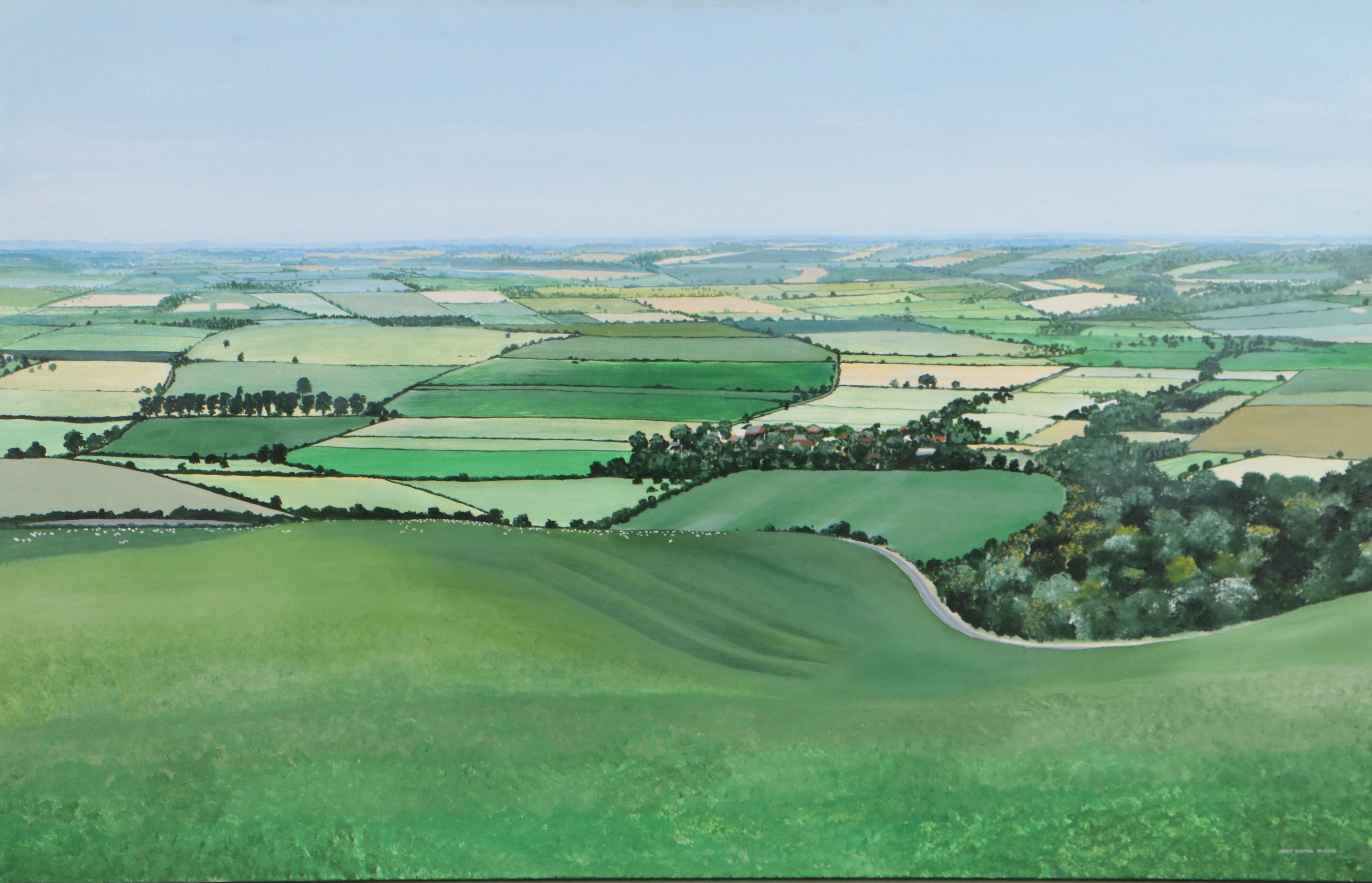 Janet Hinton McLeod Pastoral Landscape Acrylic Painting of English Fields, 1988