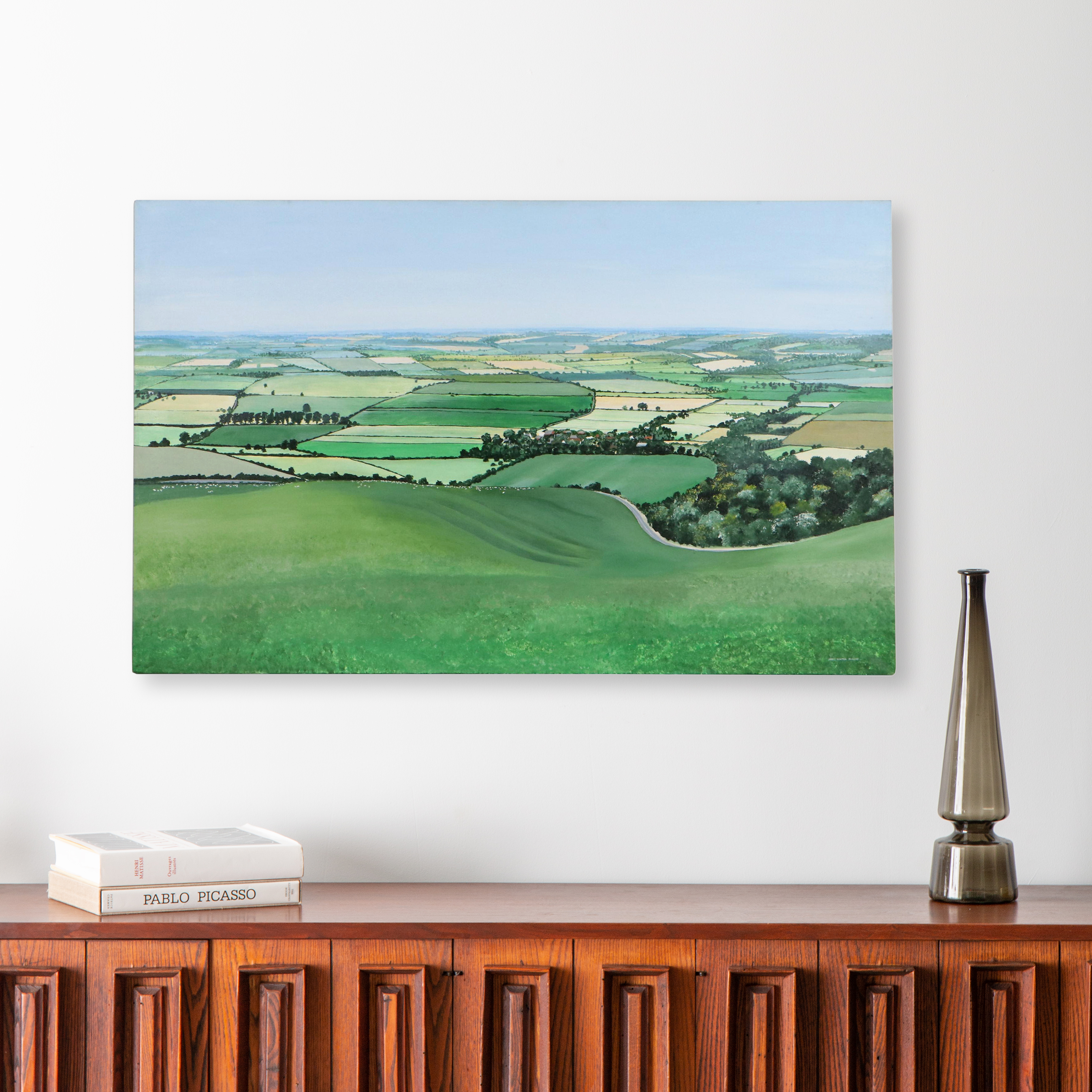 Janet Hinton McLeod Pastoral Landscape Acrylic Painting of English Fields, 1988