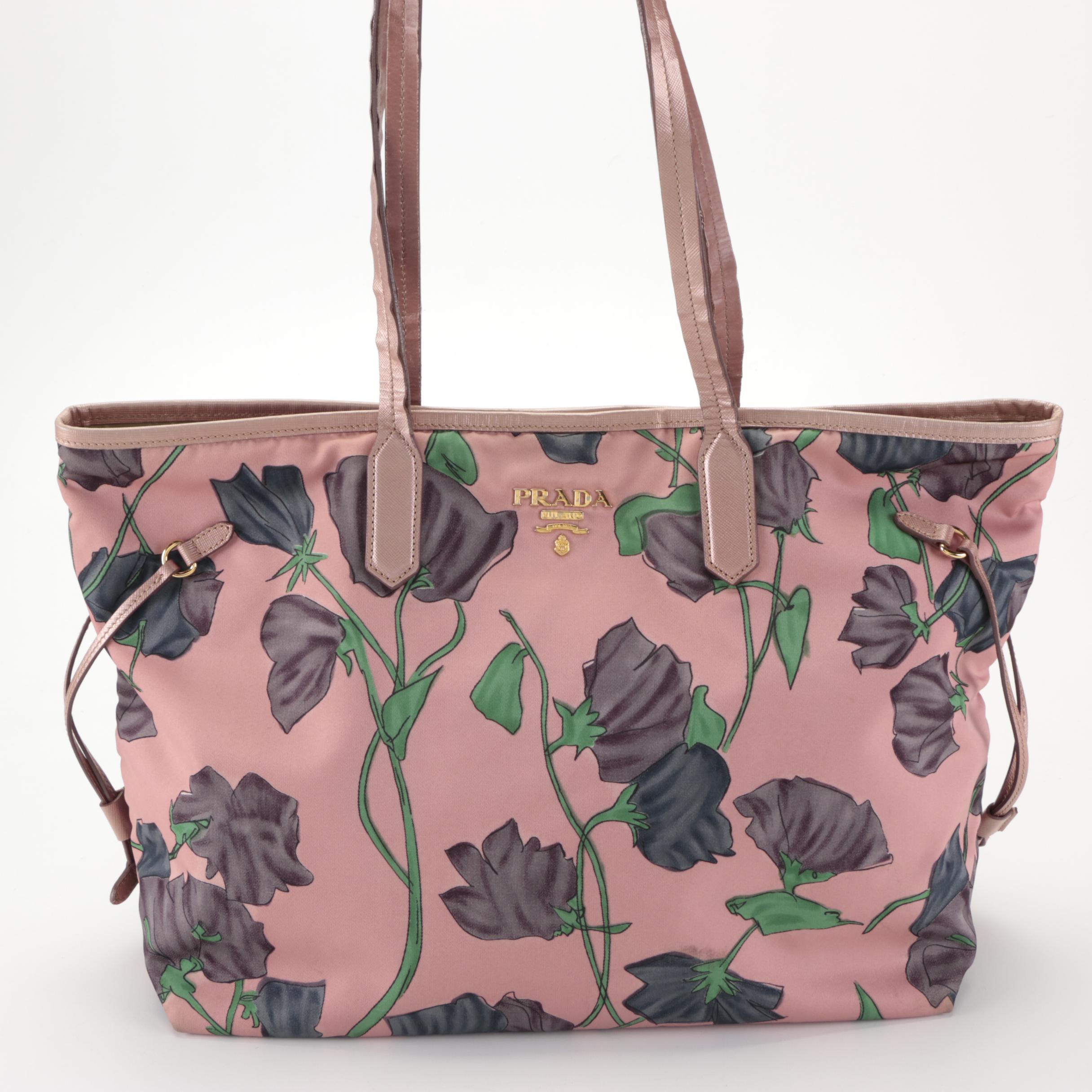 Prada Tote Bag in Floral Print Tessuto Nylon and Saffiano Leather Trim