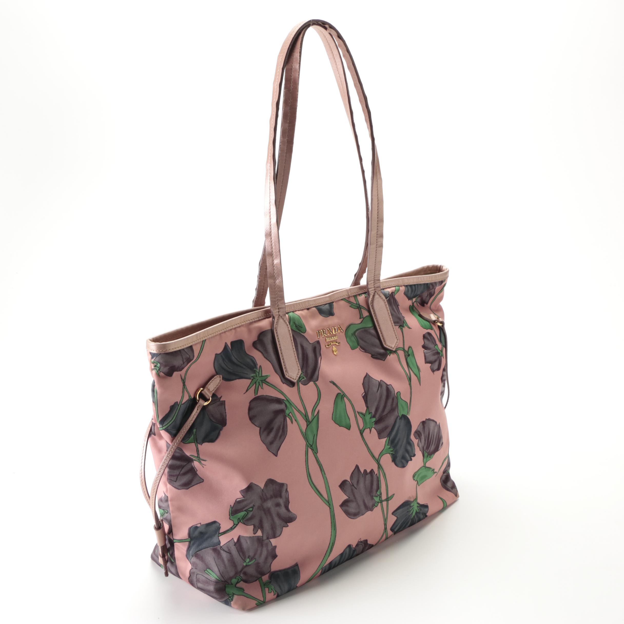 Prada Tote Bag in Floral Print Tessuto Nylon and Saffiano Leather Trim