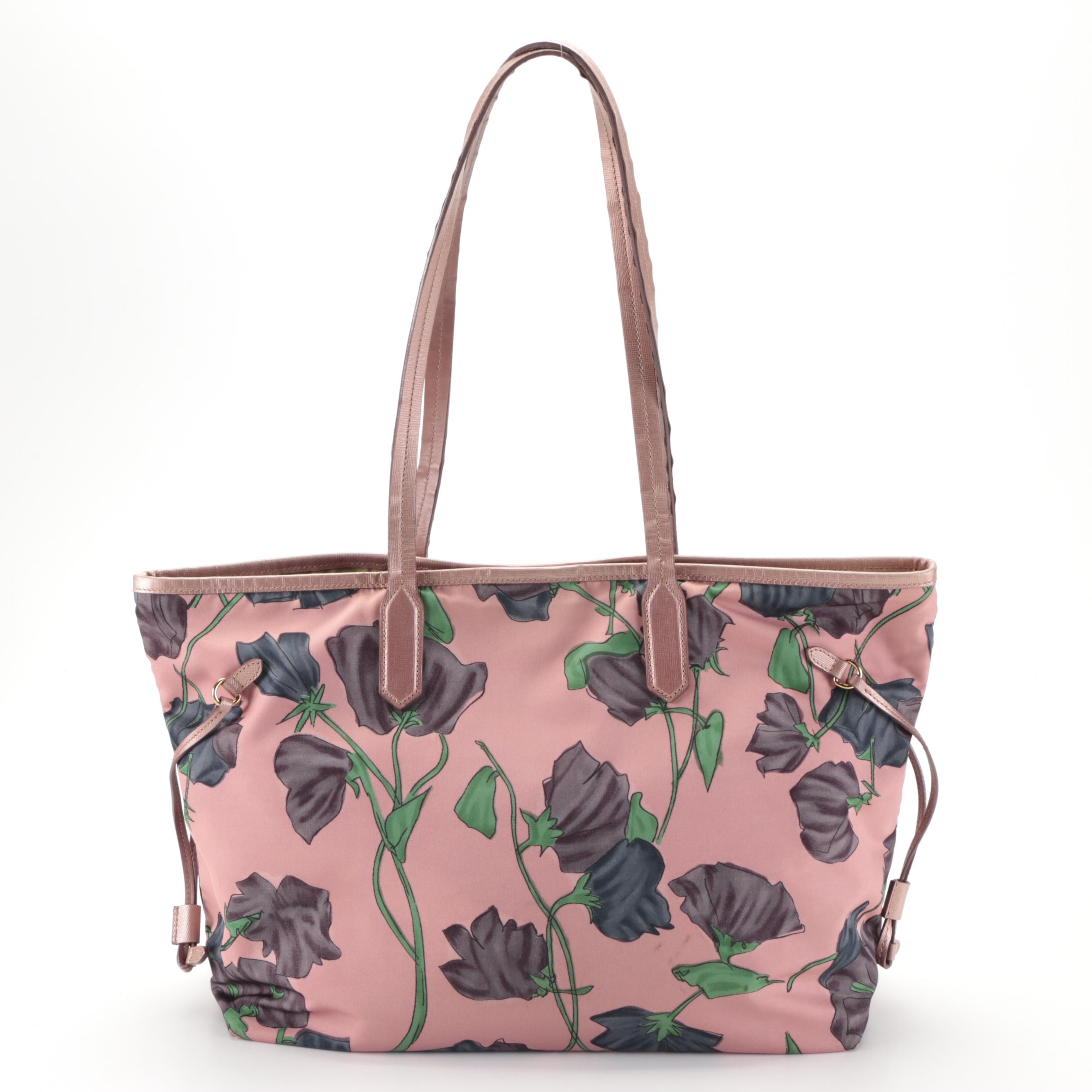 Prada Tote Bag in Floral Print Tessuto Nylon and Saffiano Leather Trim
