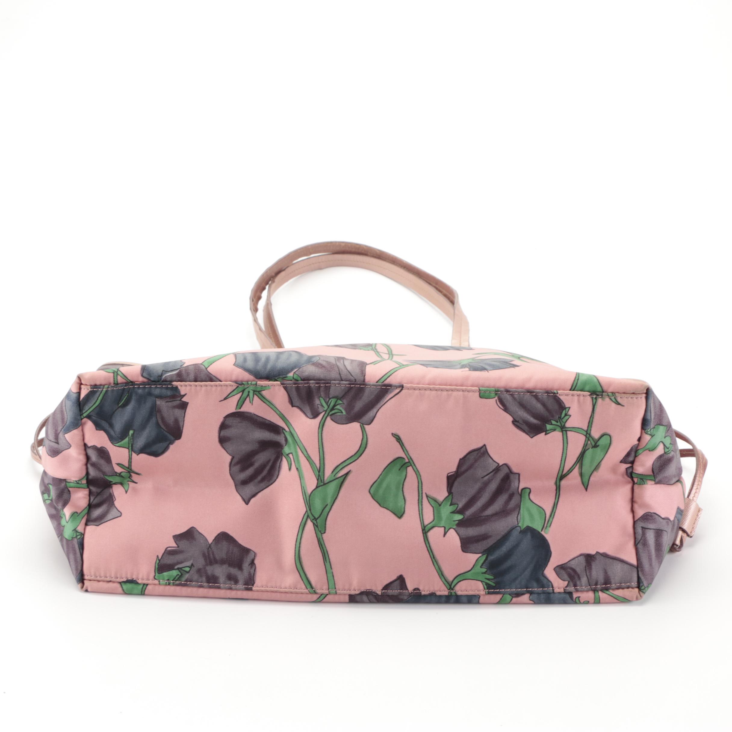Prada Tote Bag in Floral Print Tessuto Nylon and Saffiano Leather Trim