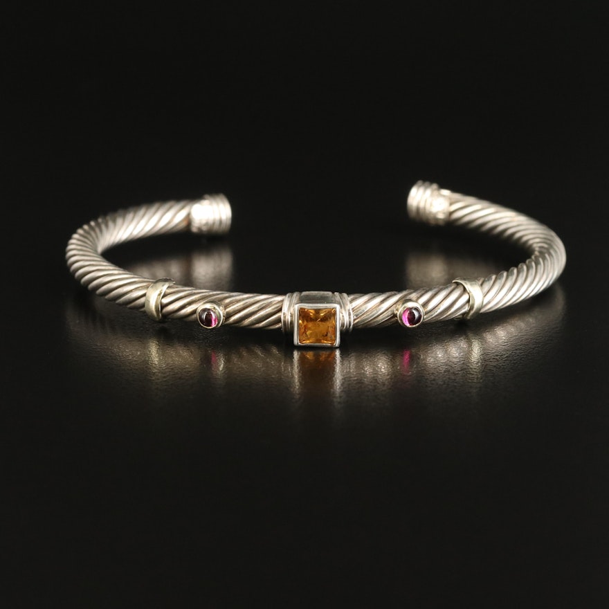 David Yurman Sterling Citrine and Garnet Cable Cuff with 14K Accents