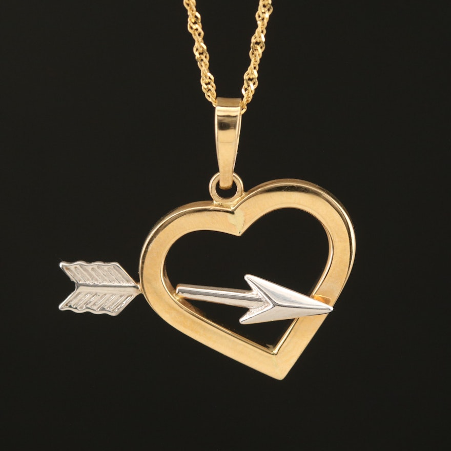 14K Two-Tone Heart and Arrow Pendant Necklace