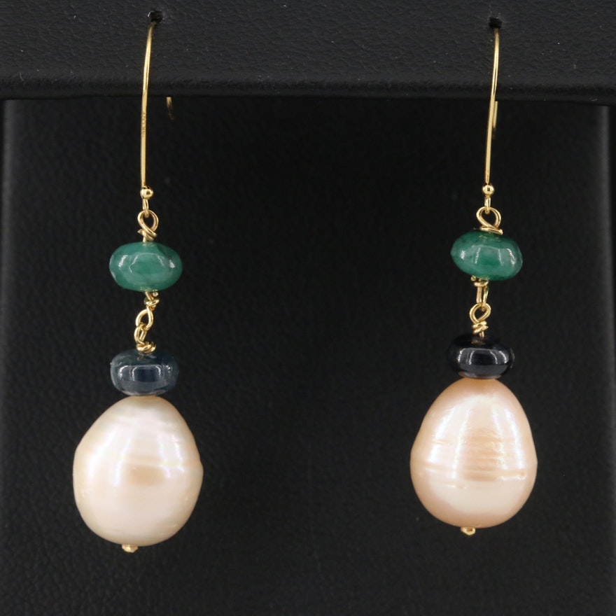 14K Pearl, Sapphire and Emerald Drop Earrings