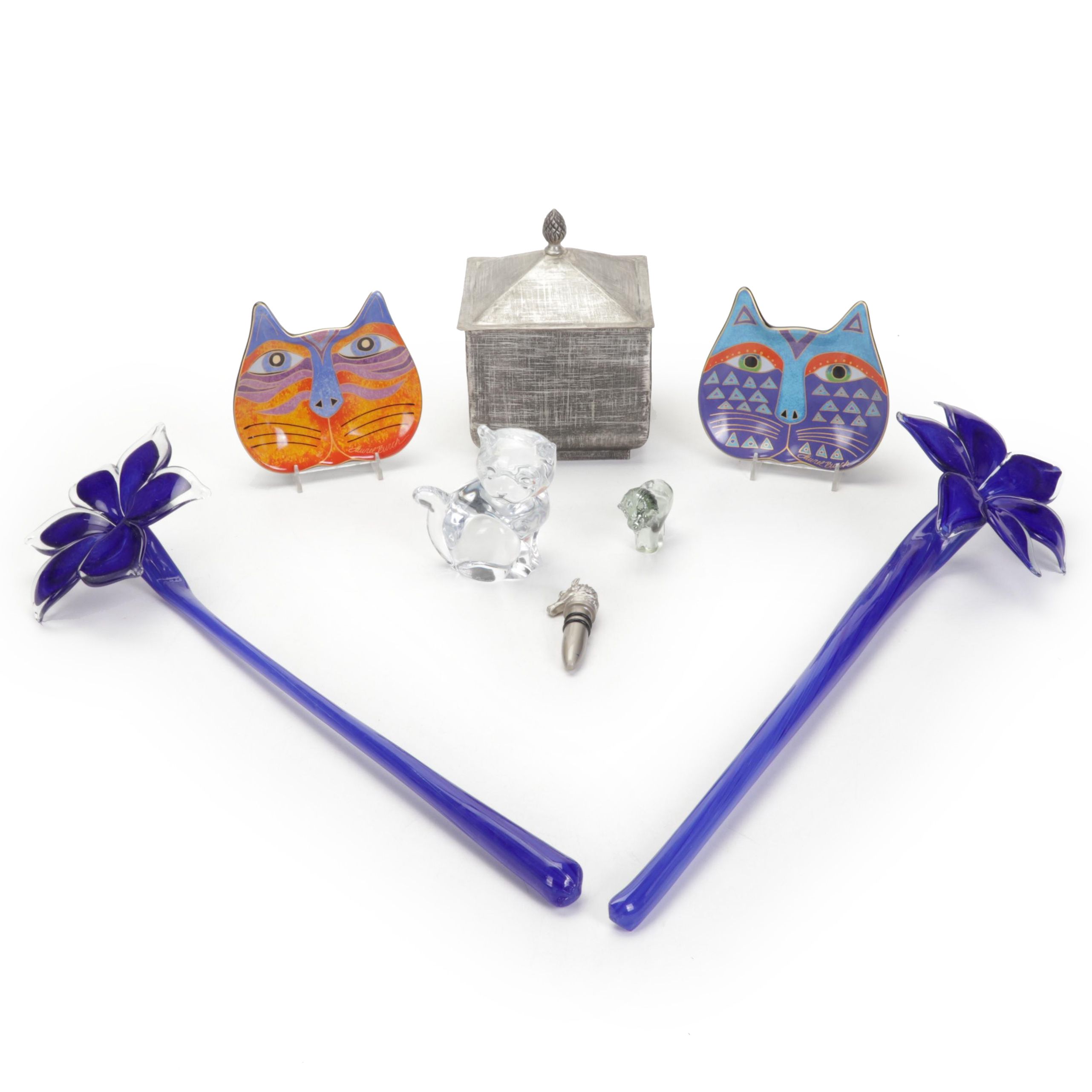 Laurel Burch Cat Dishes, Daum Cat Figurine, Long Stem Glass Flowers, & More