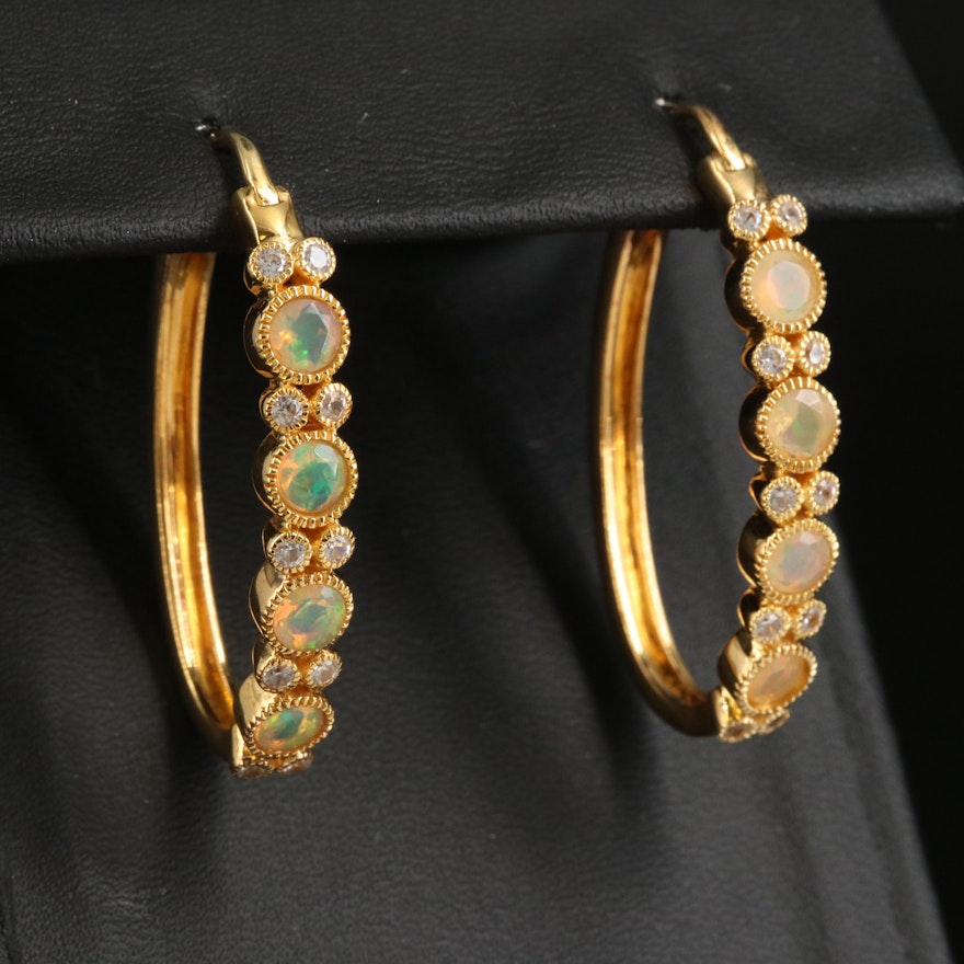 Sterling Opal and Zircon Oval Hoop Earrings