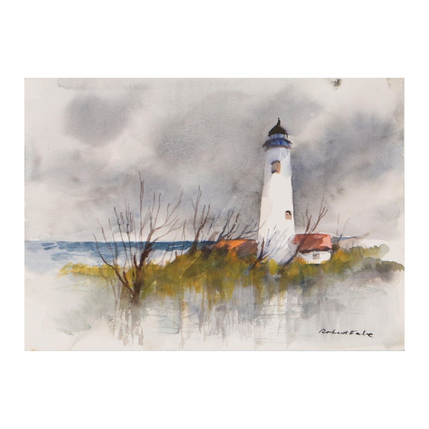 Robert Fabe Watercolor Painting of Lighthouse, Late 20th Century