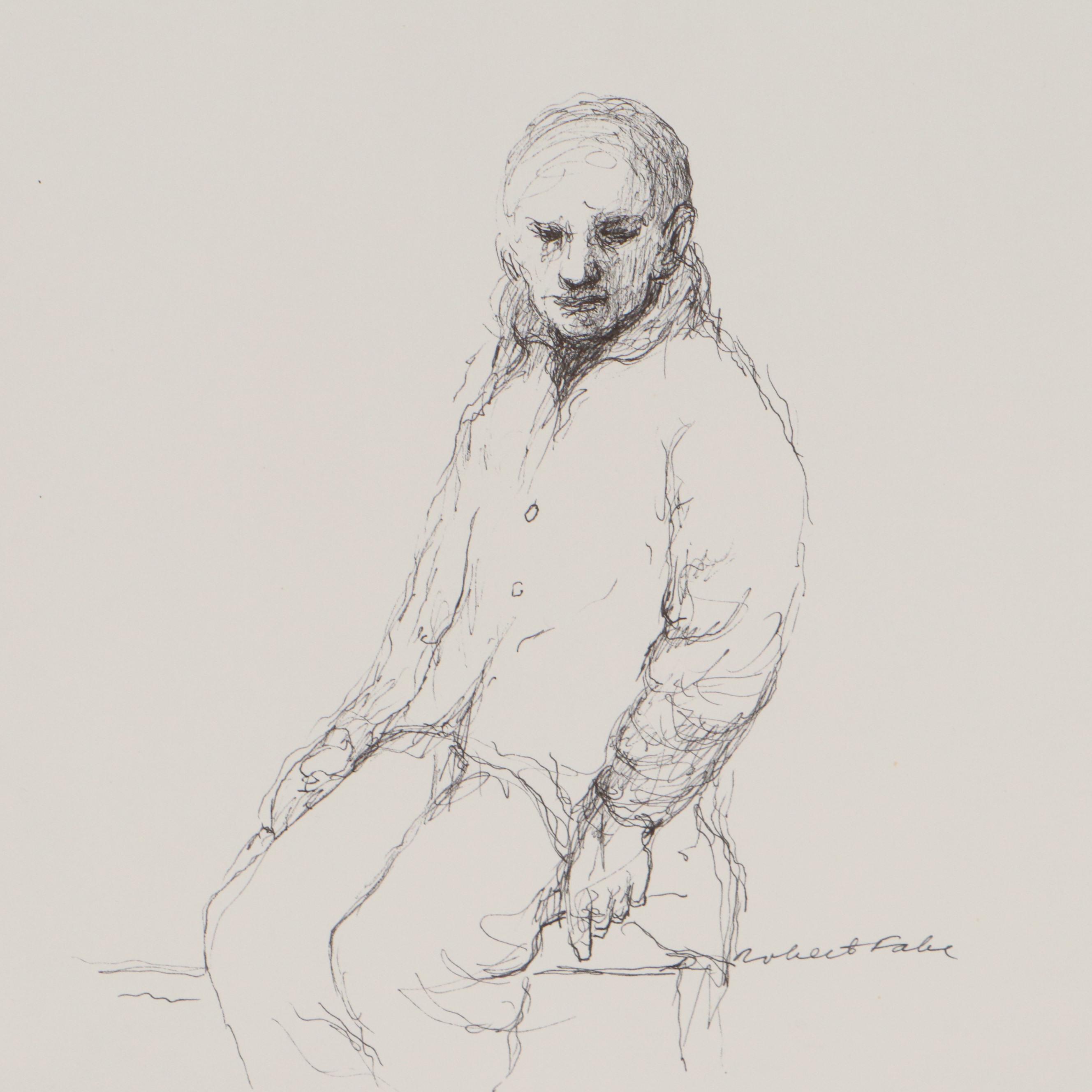 Robert Fabe Ink Drawings of Seated Figures, Late 20th Century