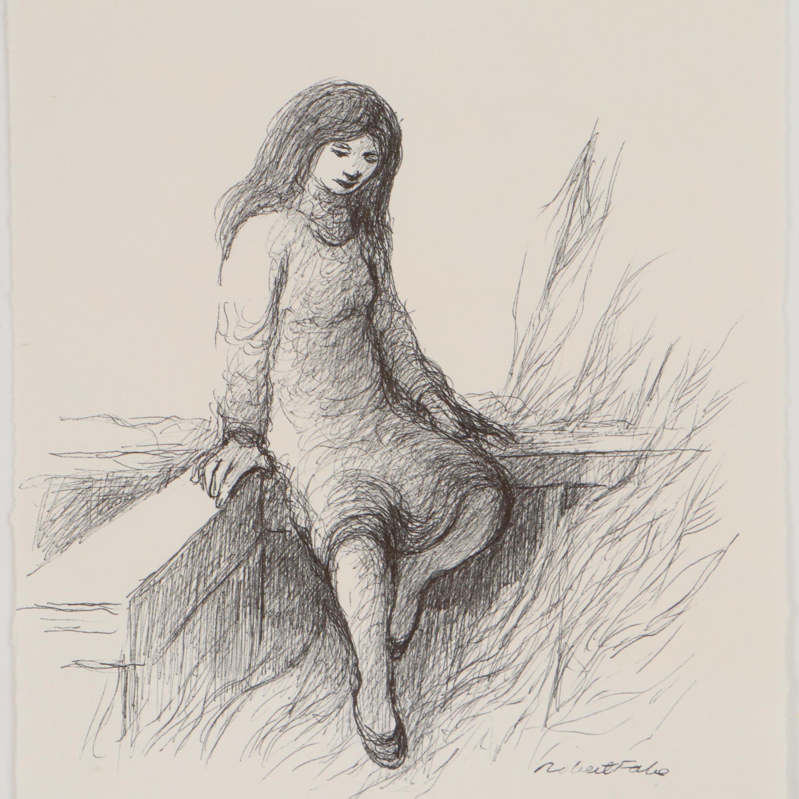 Robert Fabe Ink Drawings of Seated Figures, Late 20th Century