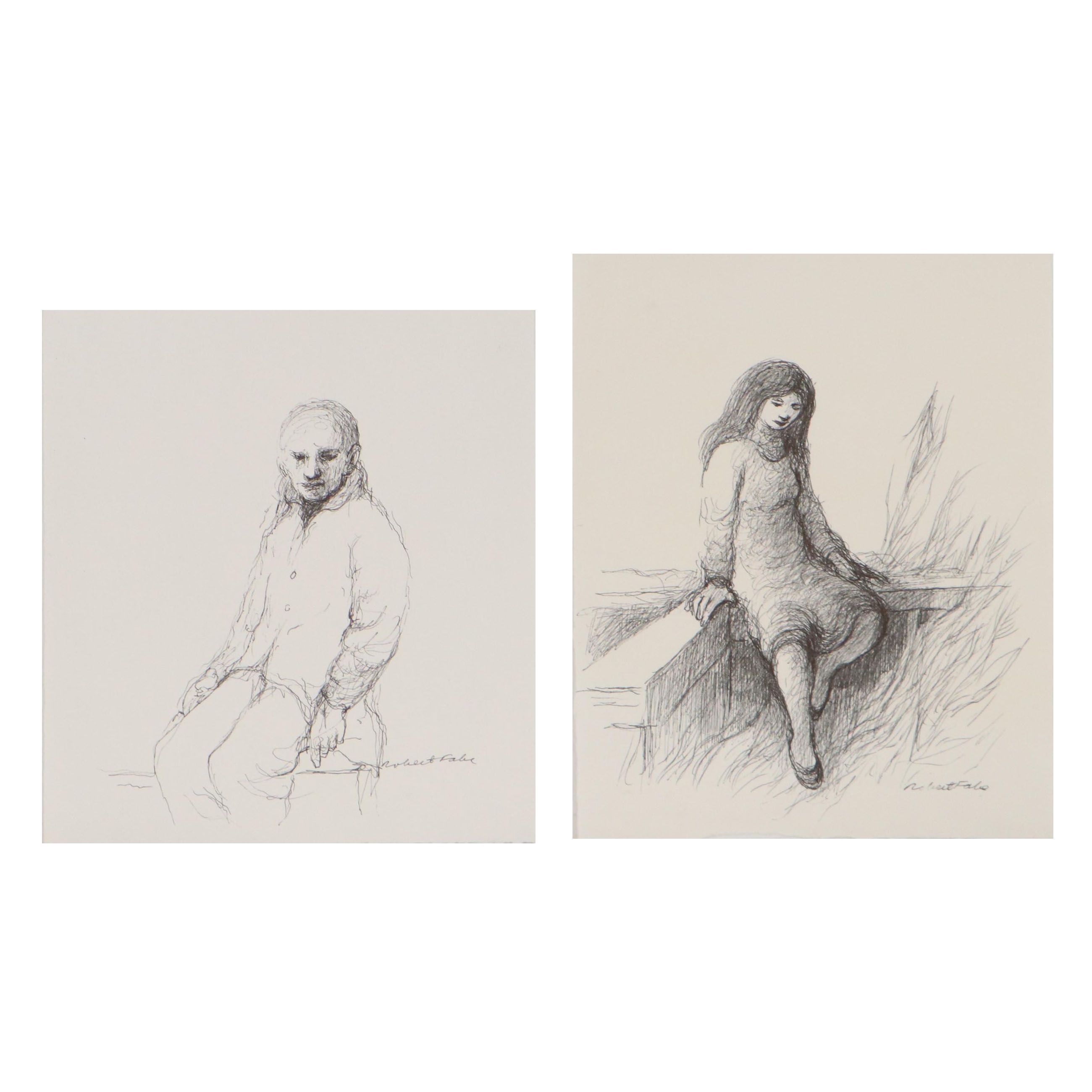 Robert Fabe Ink Drawings of Seated Figures, Late 20th Century