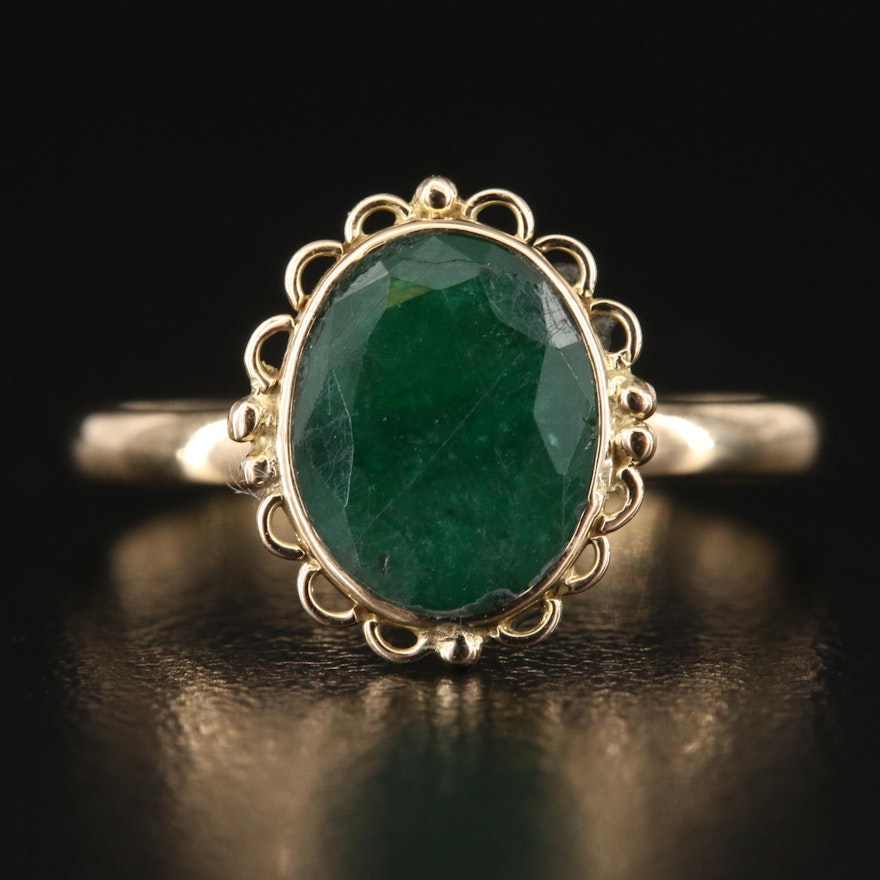 14K Emerald Ring with Scalloped Frame