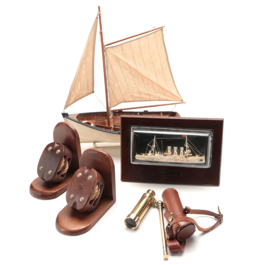 Block and Tackle Pulley Bookends With Model Ship, Brass Spyscope and More