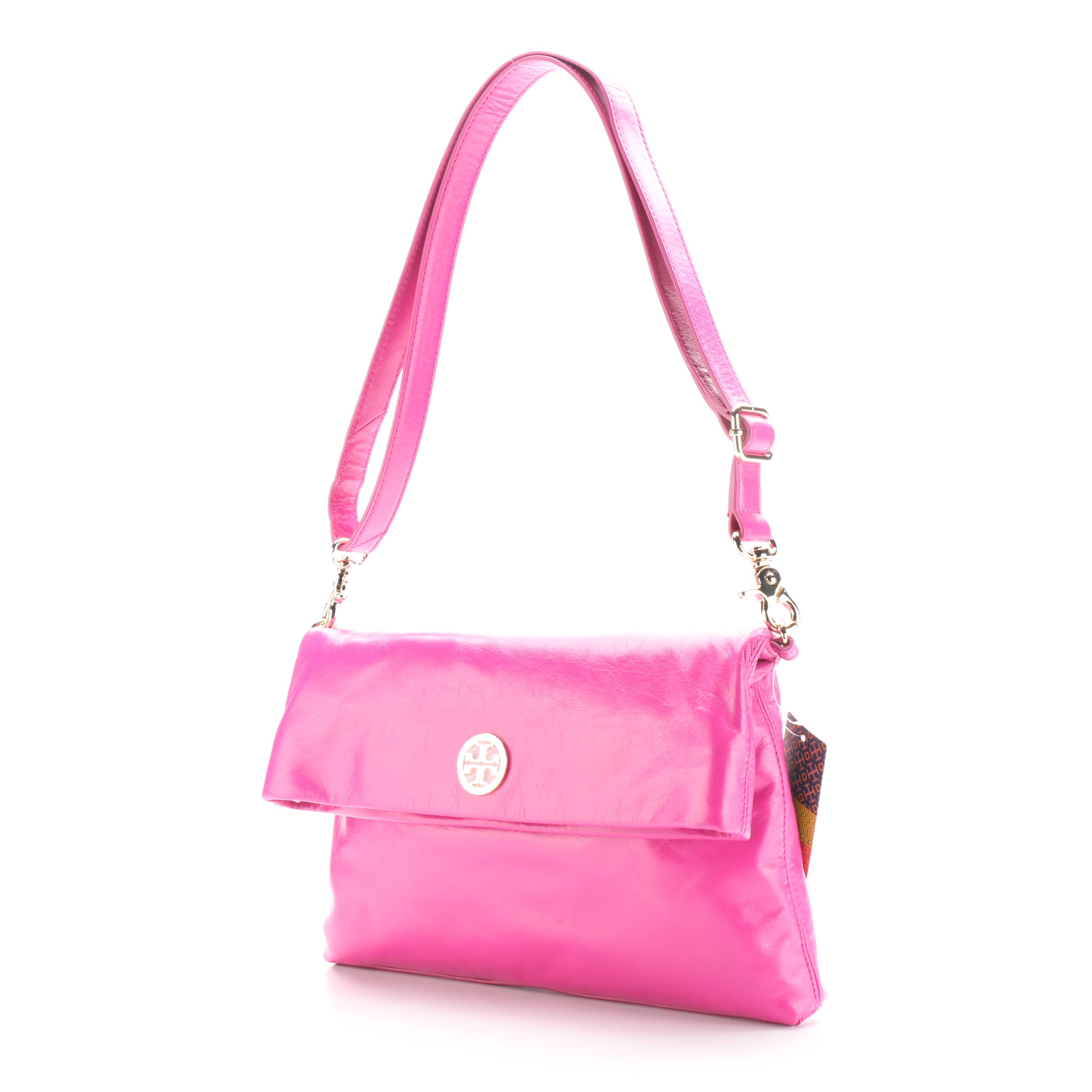 Tory Burch Dena Magenta Leather Fold Over Messenger Bag