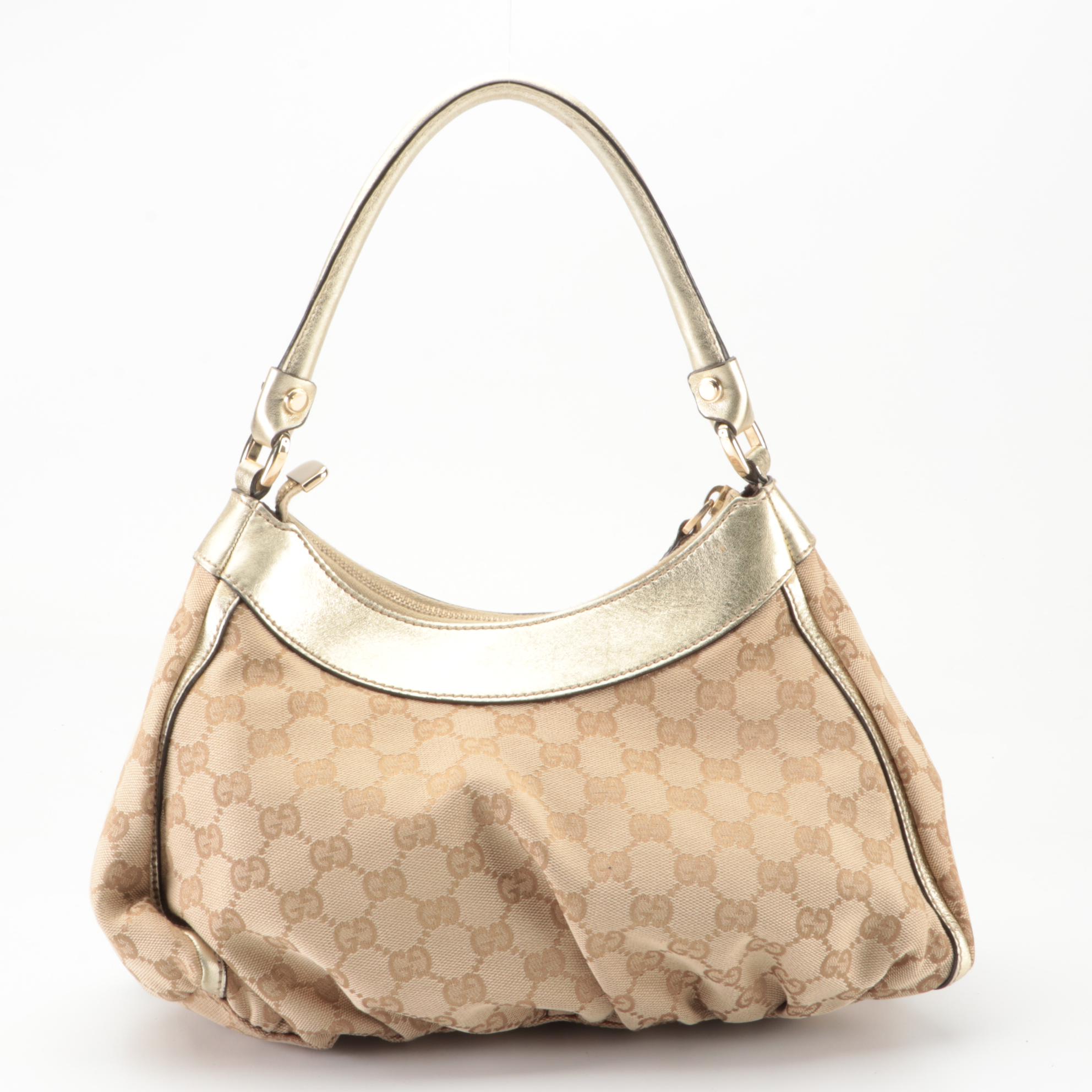 Gucci Abbey D-Ring Small Hobo Bag in GG Canvas and Gold Metallic Leather