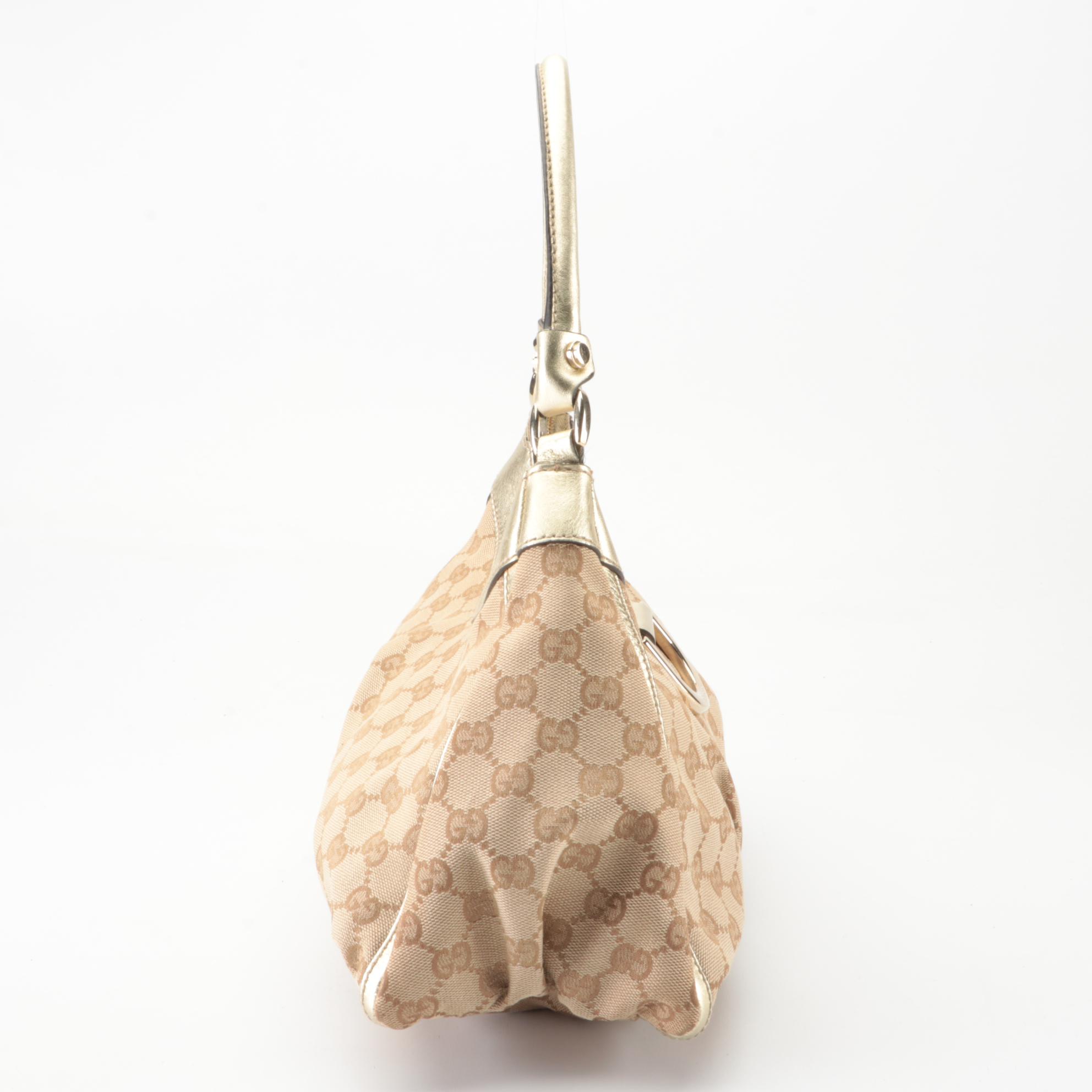 Gucci Abbey D-Ring Small Hobo Bag in GG Canvas and Gold Metallic Leather