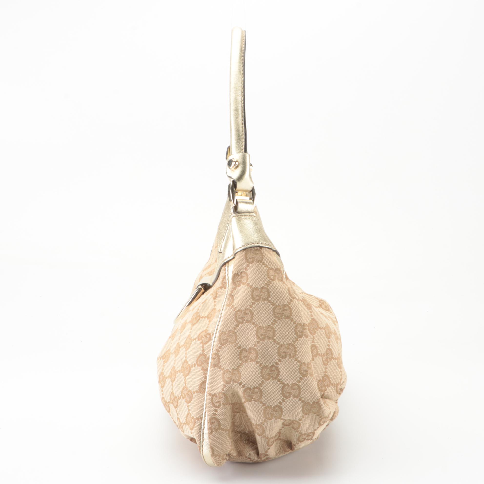 Gucci Abbey D-Ring Small Hobo Bag in GG Canvas and Gold Metallic Leather