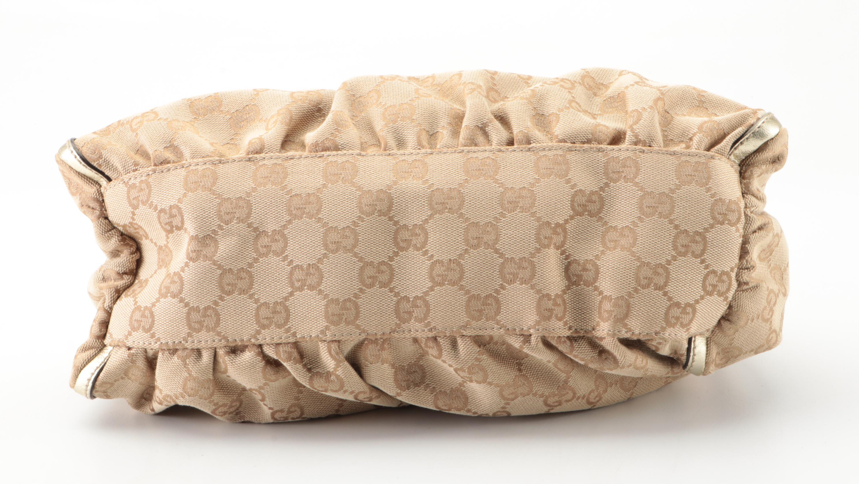 Gucci Abbey D-Ring Small Hobo Bag in GG Canvas and Gold Metallic Leather