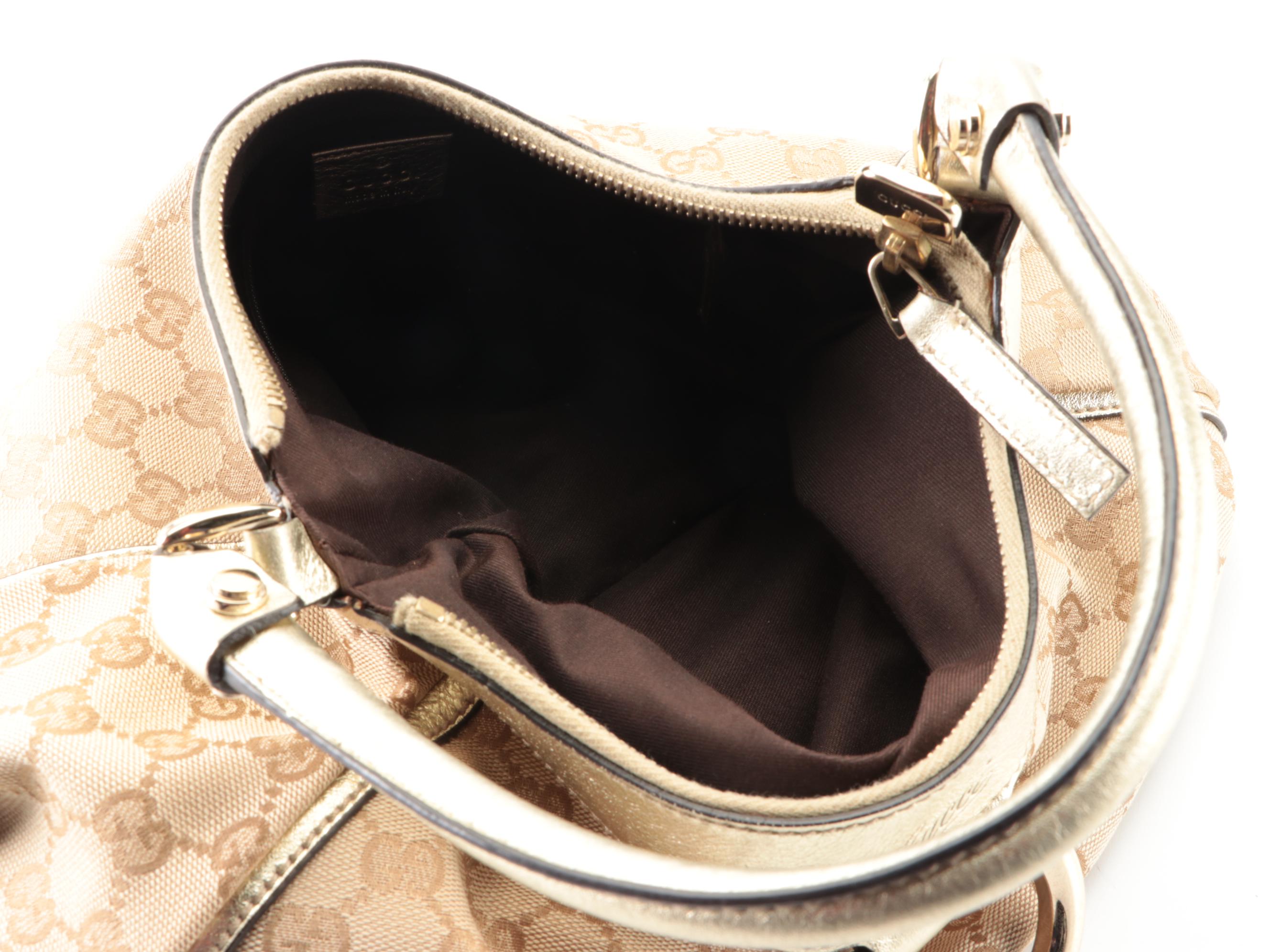 Gucci Abbey D-Ring Small Hobo Bag in GG Canvas and Gold Metallic Leather