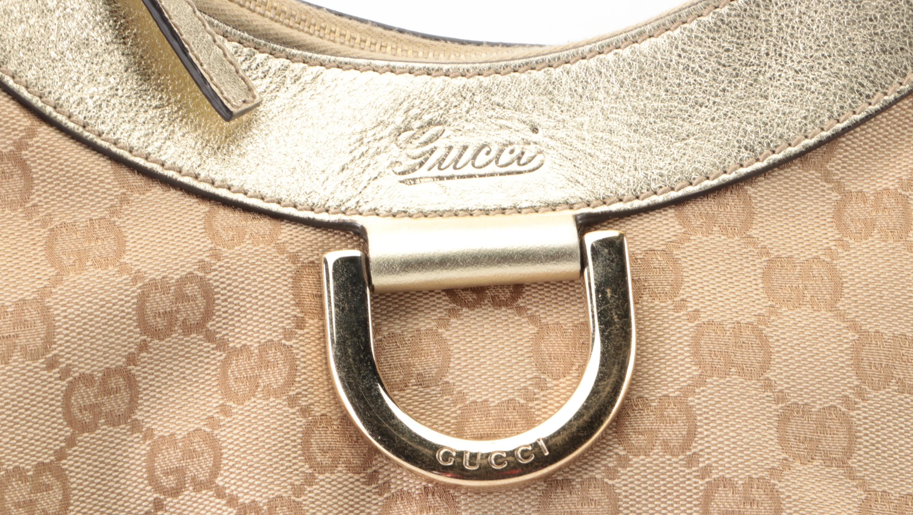 Gucci Abbey D-Ring Small Hobo Bag in GG Canvas and Gold Metallic Leather