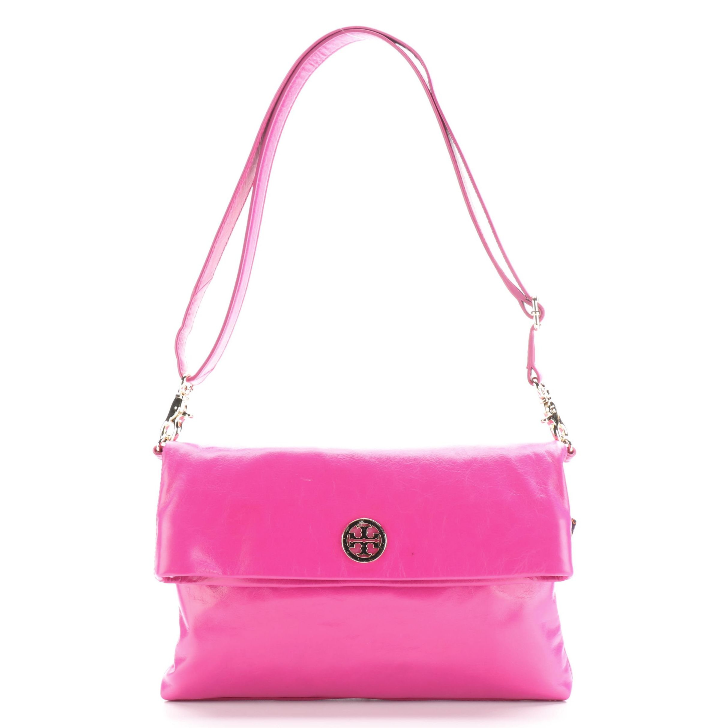 Tory Burch Dena Magenta Leather Fold Over Messenger Bag