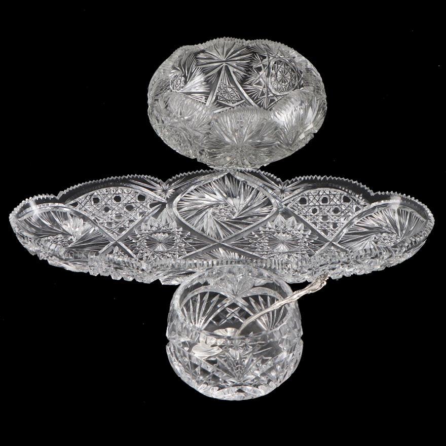 American Brilliant Style and More Cut Crystal Bowl, Tray, Sugar Bowl and Spoon