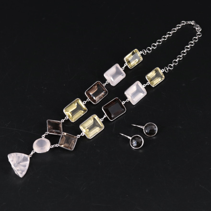 Sterling Silver Quartz Earrings and Necklace