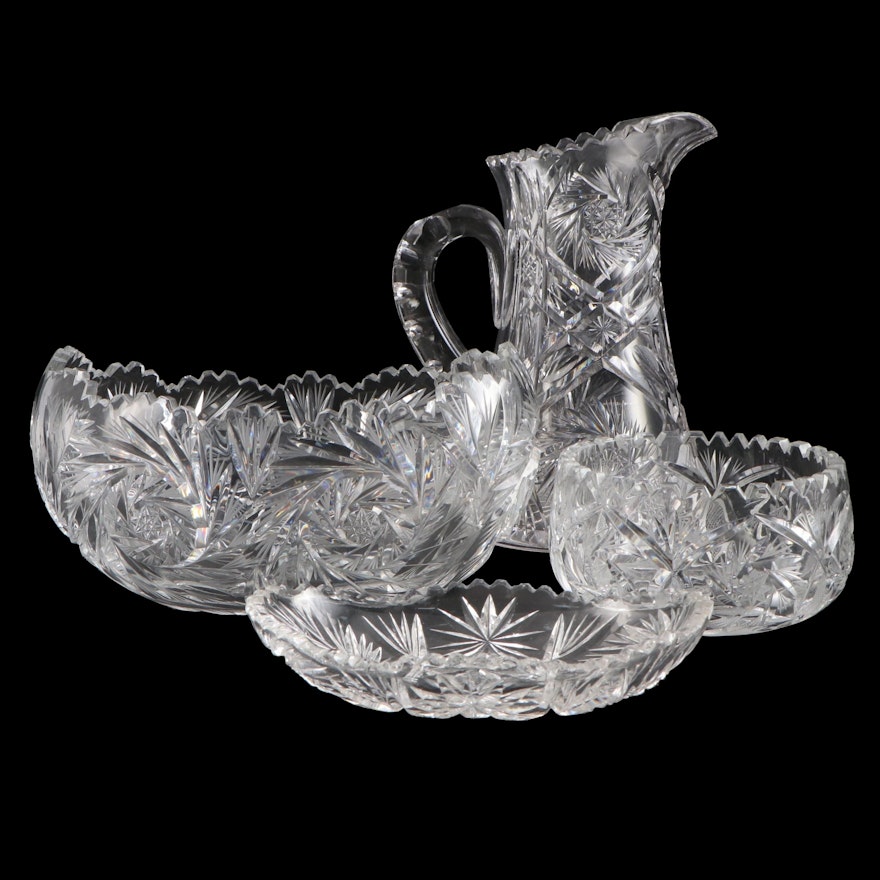 American Brilliant Style Hobstar Cut Crystal Pitcher, Serving Bowls and Dish