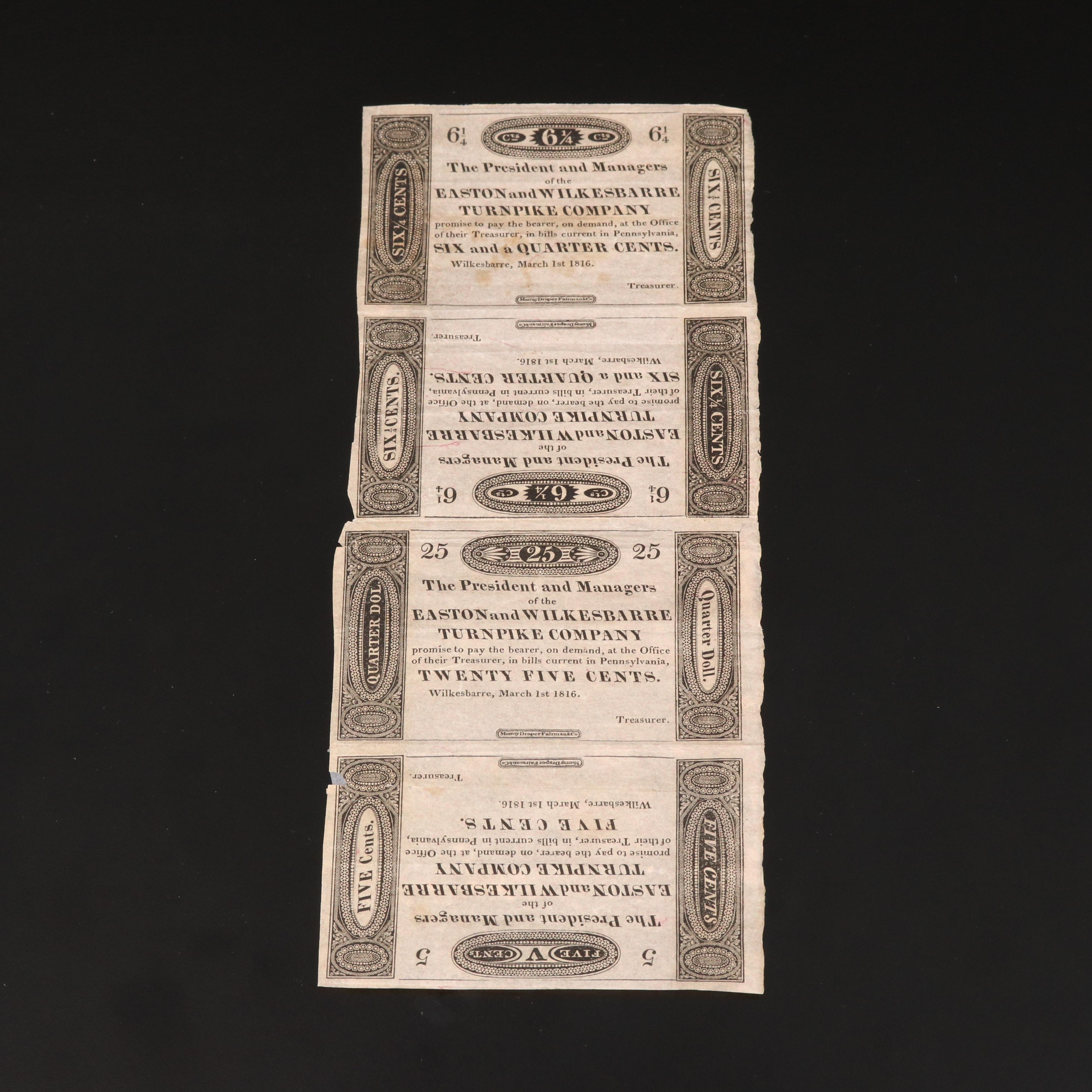 Four 1816 Unissued Obsolete Bank Notes