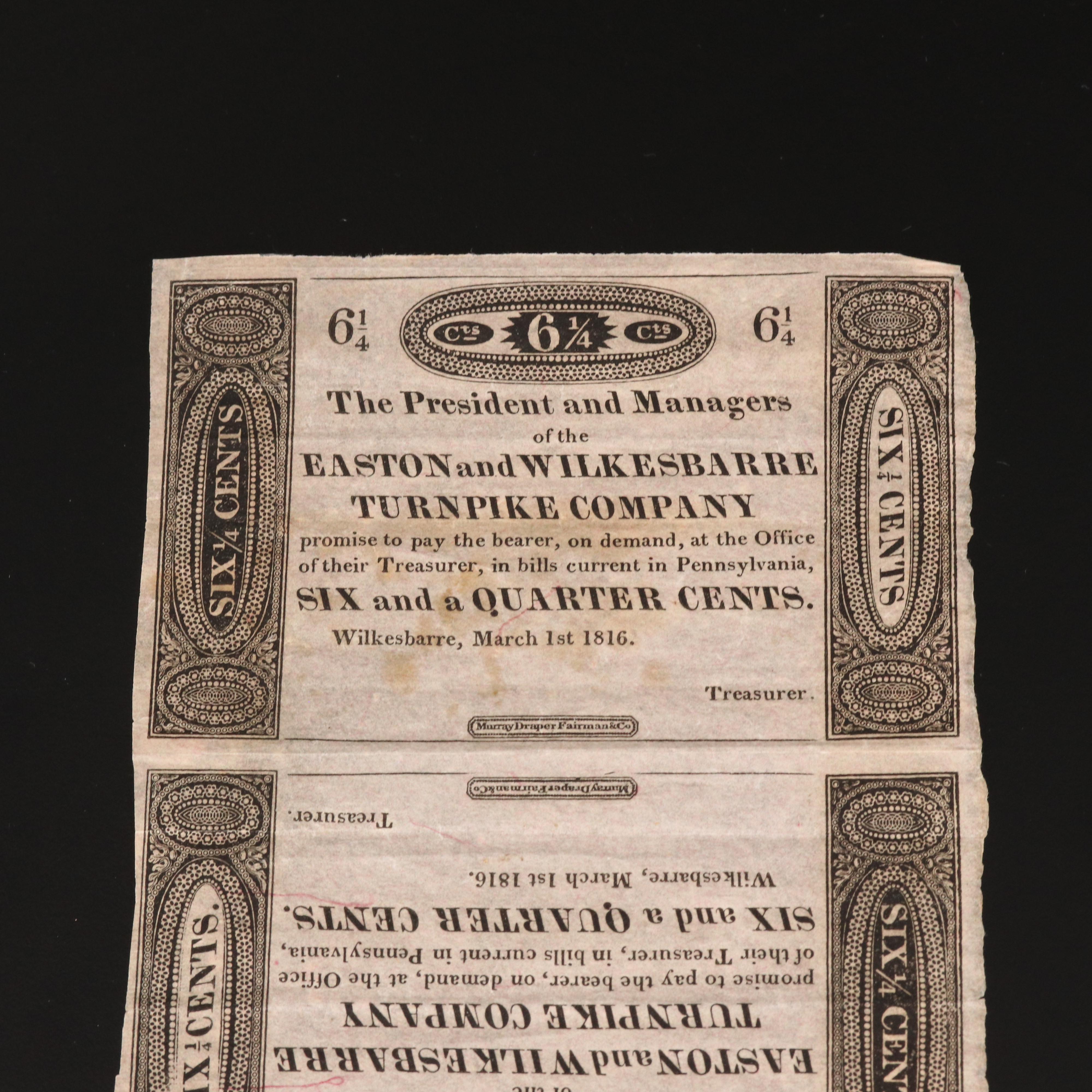 Four 1816 Unissued Obsolete Bank Notes