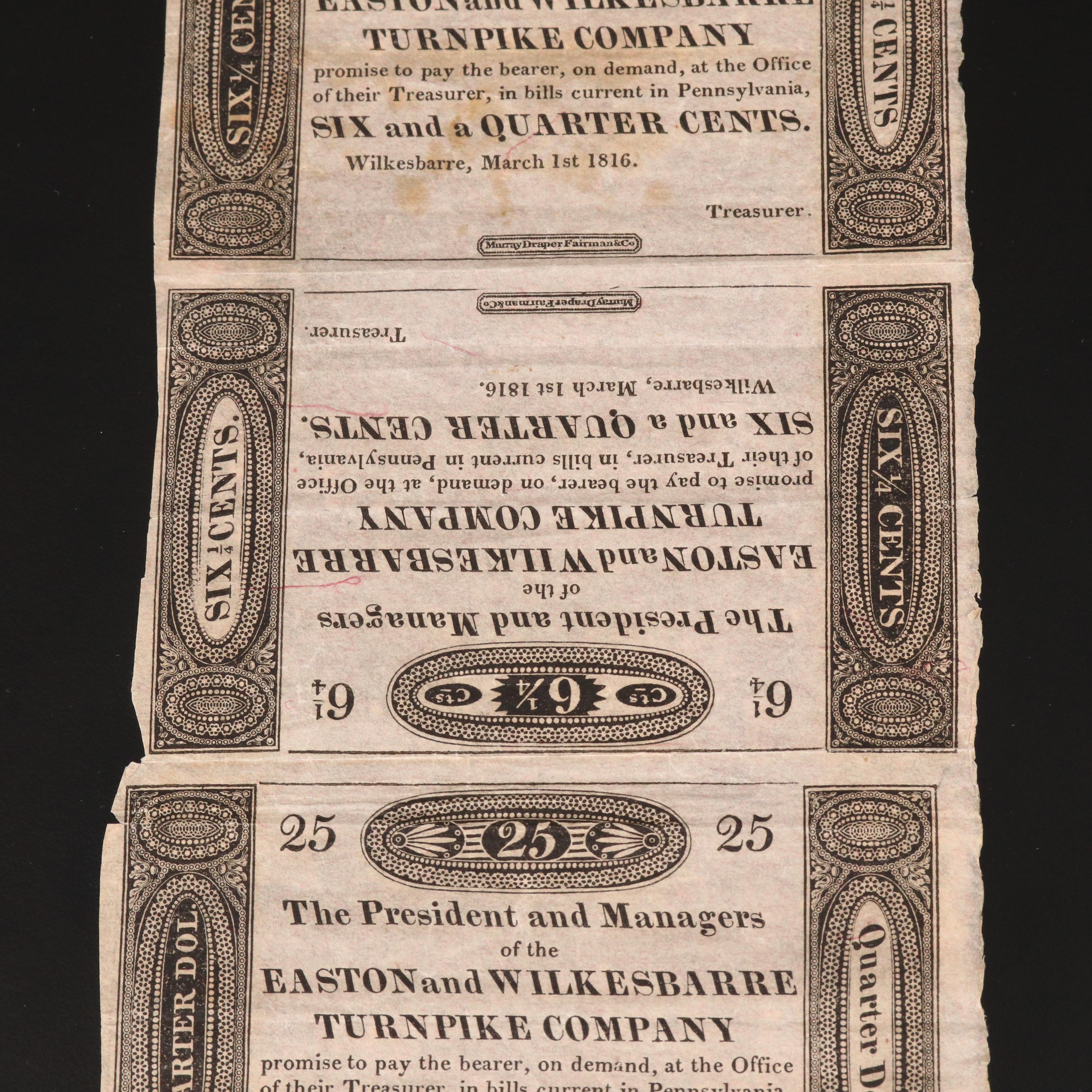 Four 1816 Unissued Obsolete Bank Notes