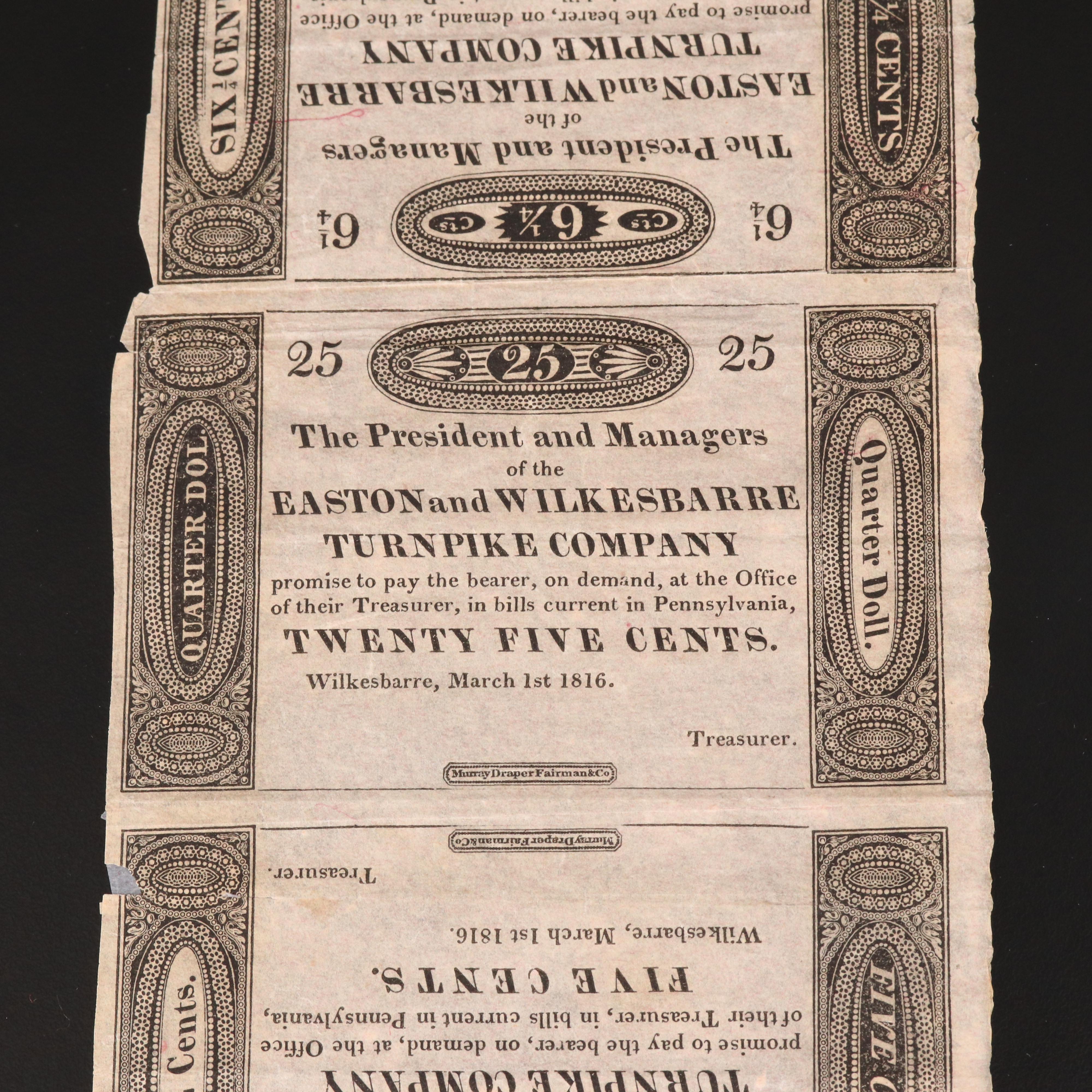 Four 1816 Unissued Obsolete Bank Notes