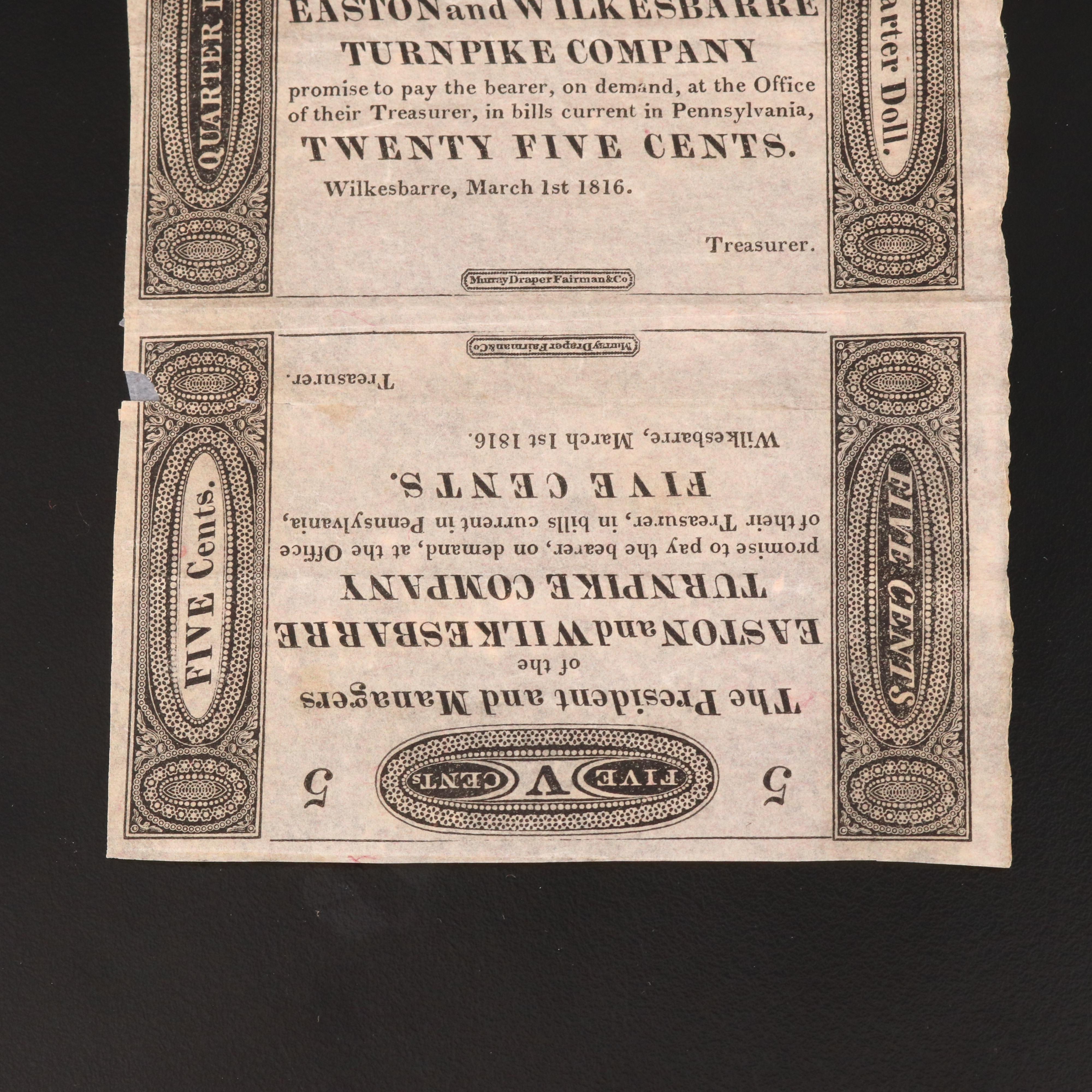 Four 1816 Unissued Obsolete Bank Notes
