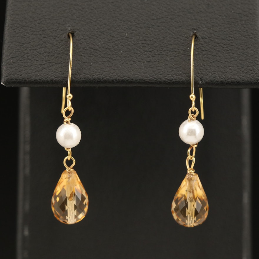 14K Citrine and Imitation Pearl Earrings