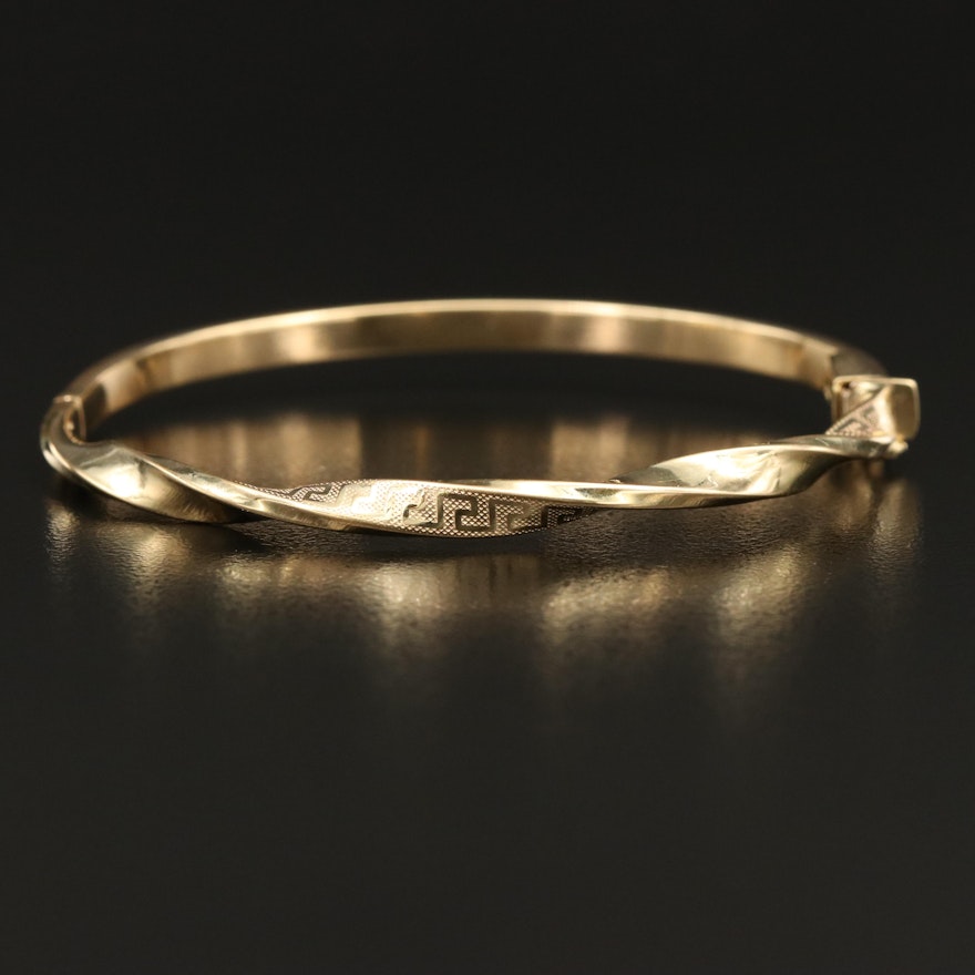 18K Twisted Hinged Bangle with Greek Key Accents