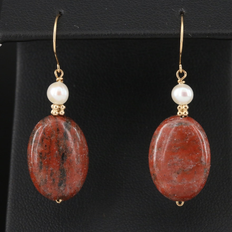 14K Jasper and Pearl Drop Earrings