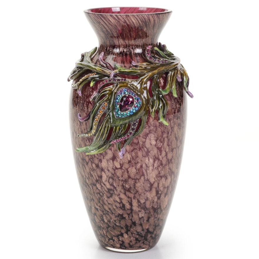 Jay Strongwater Art Glass Vase with Enamel Ornamentation
