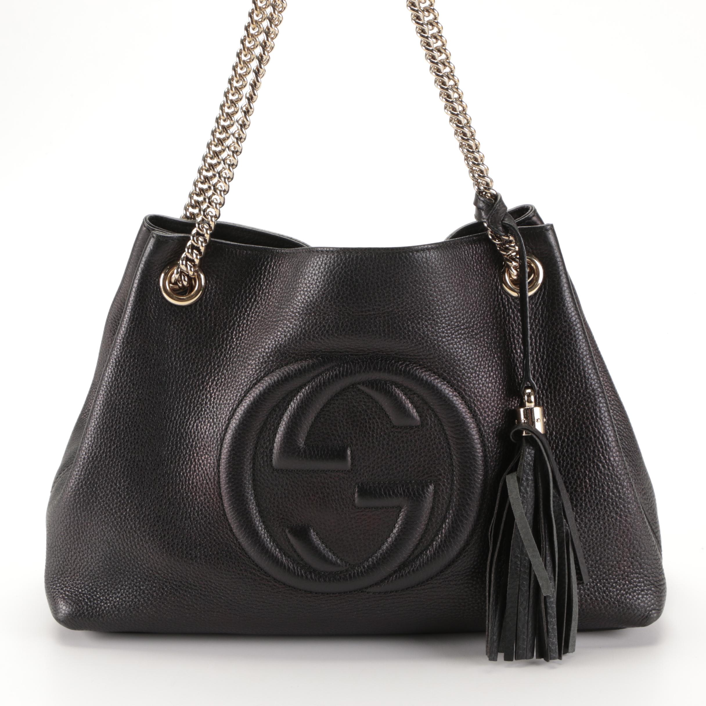 Gucci Soho Chain Strap Shoulder Bag in Black Grained Leather with Tassel